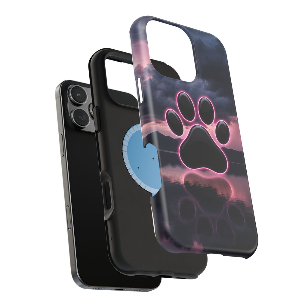 Neon Paw Print Phone Case — Impact-Resistant Wireless Charging Cover