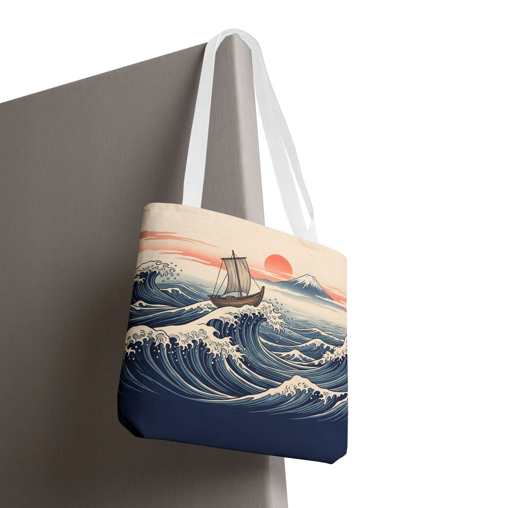 Japanese Wave Sailboat Tote Bag – Woodblock Style Ocean Beach Bag
