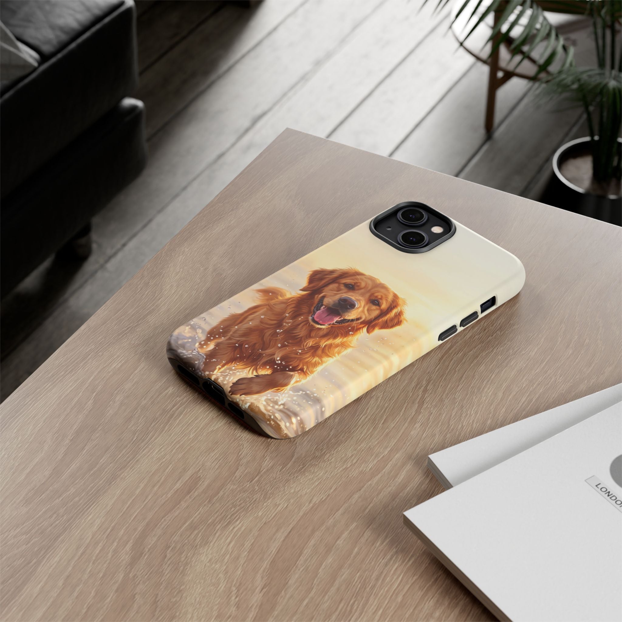 Golden Retriever Splashing in Water Phone Case | Joyful Dog at Golden Hour | iPhone & Samsung