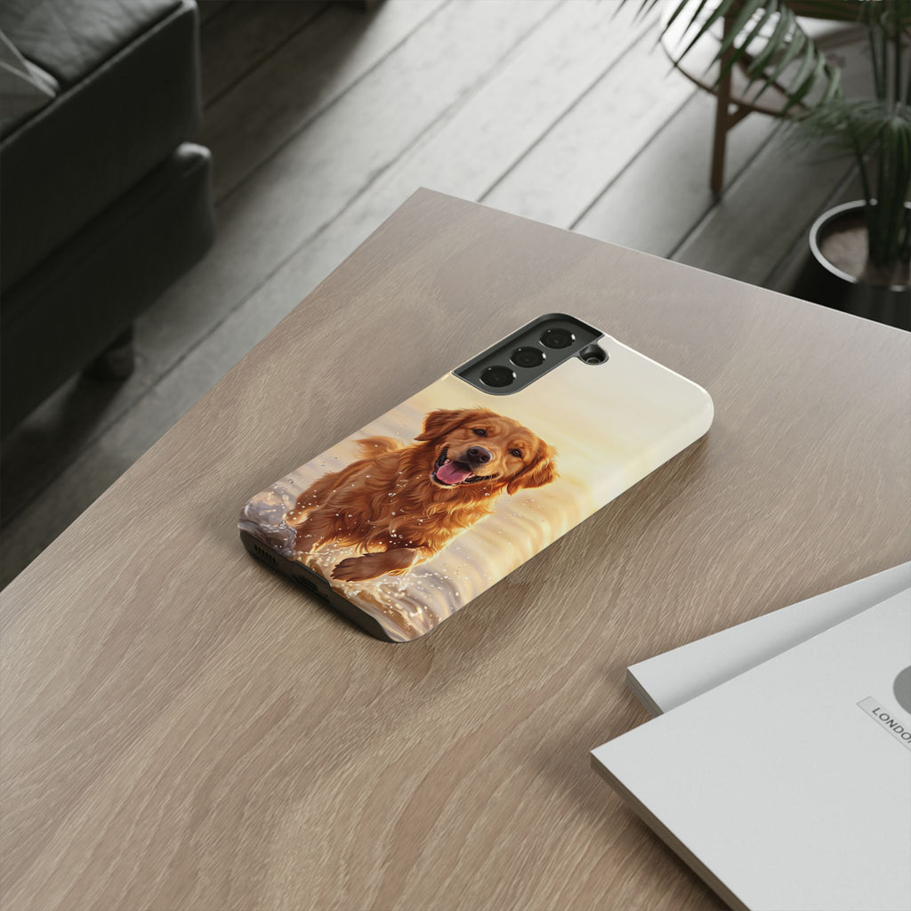 Golden Retriever Splashing in Water Phone Case | Joyful Dog at Golden Hour | iPhone & Samsung