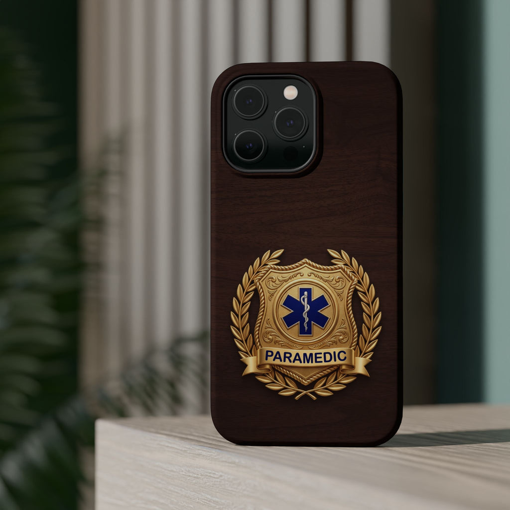 Gold Paramedic Laurel Badge Wood Phone Case — Magnetic Wireless Charging Cover