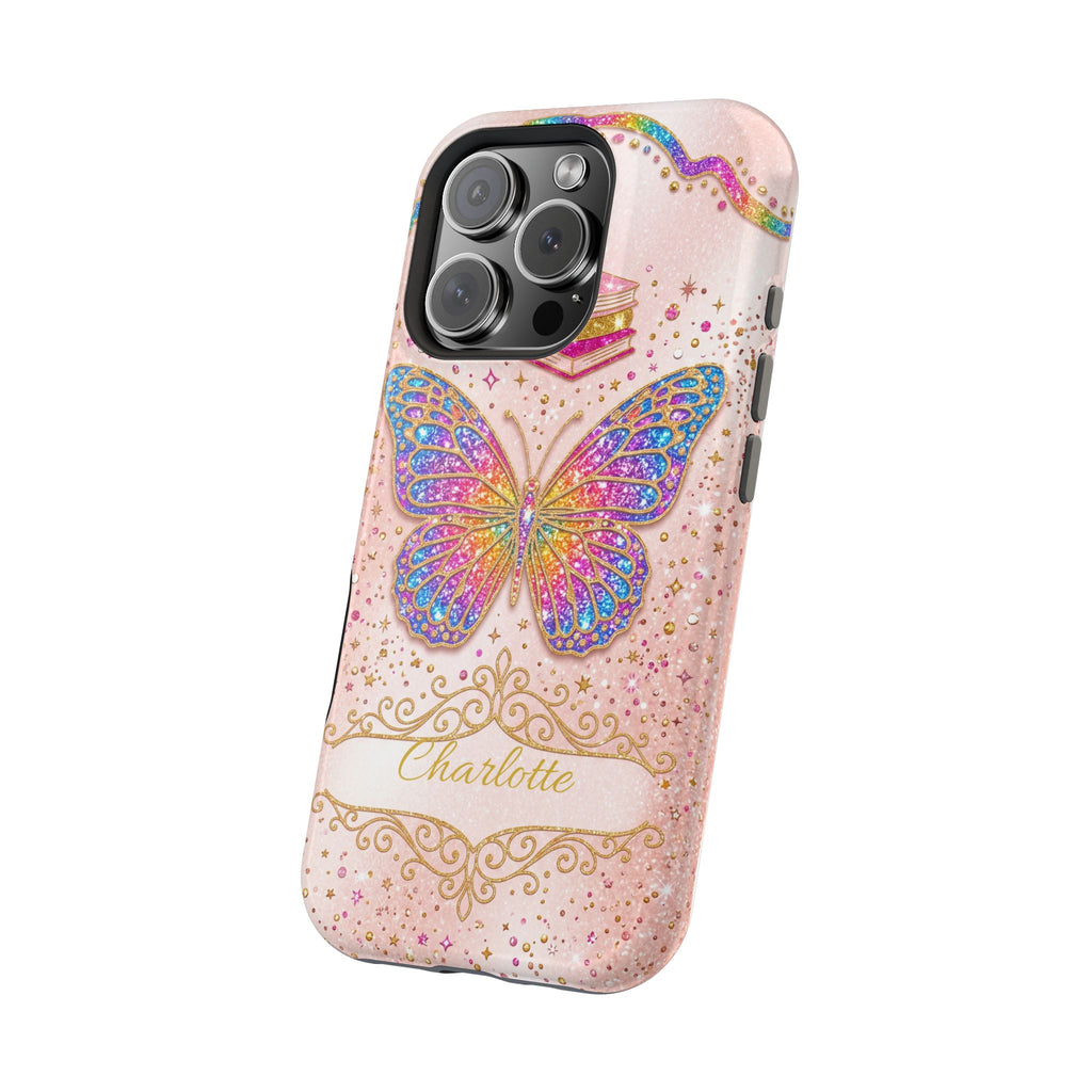 Blush Glitter Butterfly Personalized Teacher Phone Case — Wireless Charging Cover