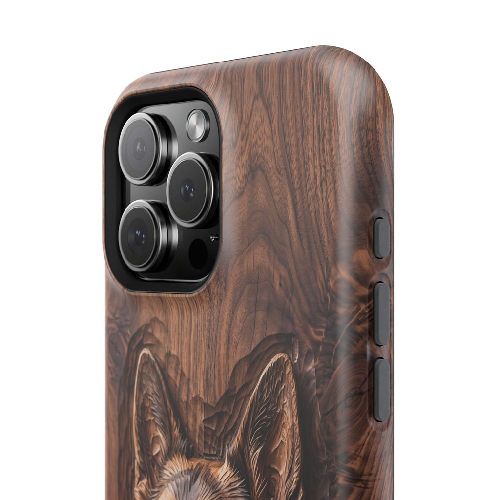 German Shepherd Phone Case | Carved Walnut Art — Tough Magnetic Case with Wireless Charging