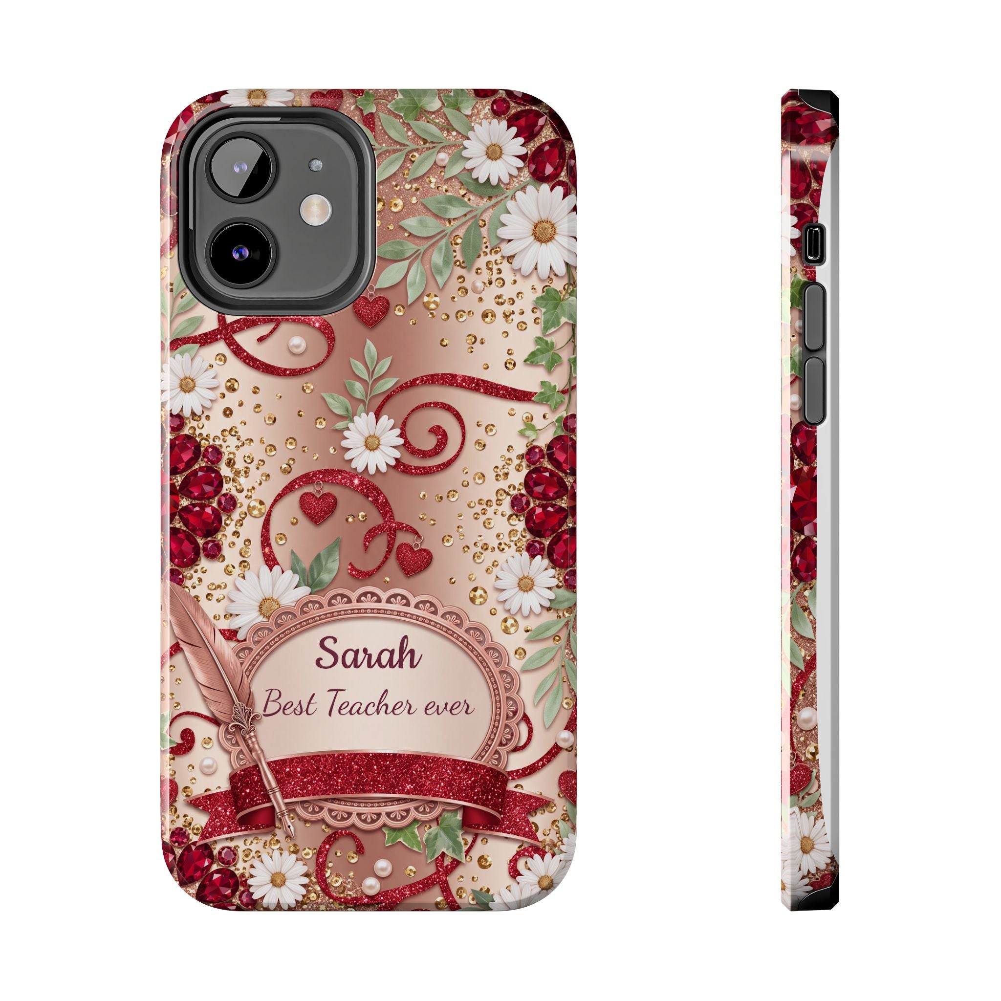 Personalized Teacher Phone Case — Custom Name and Message - Floral Jeweled Design