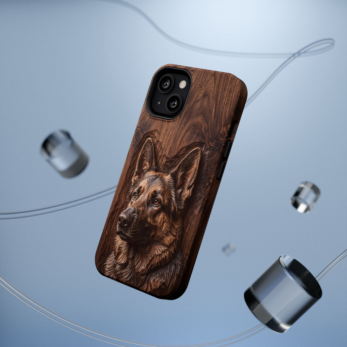 German Shepherd Phone Case | Carved Walnut Art — Tough Magnetic Case with Wireless Charging