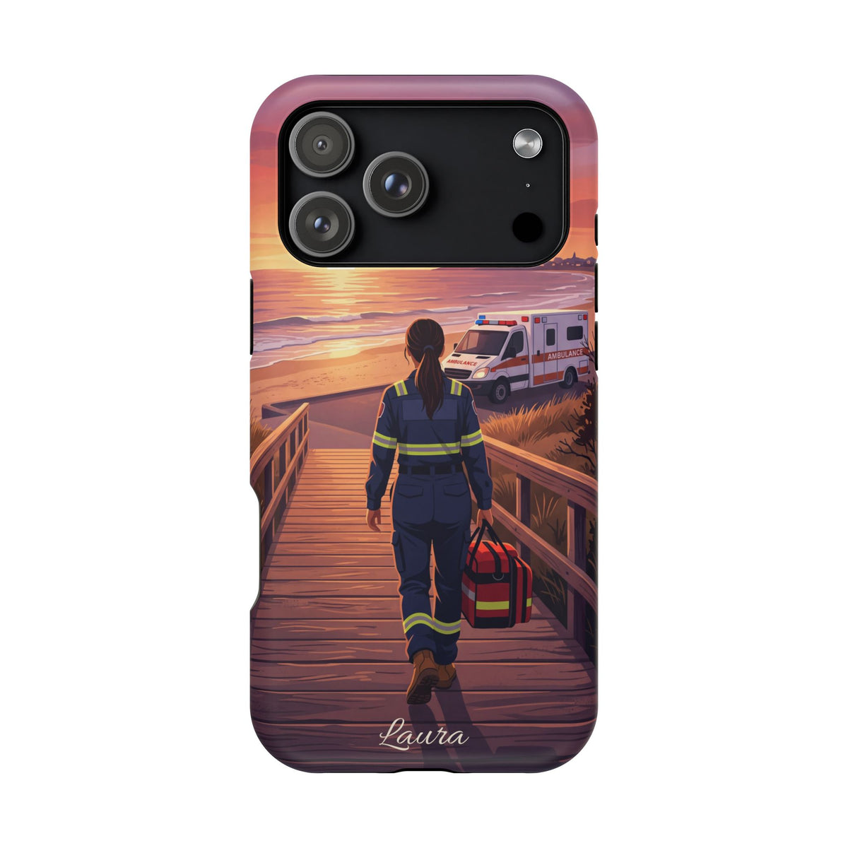 Sunset Boardwalk Personalized Paramedic Phone Case — Wireless Charging Cover