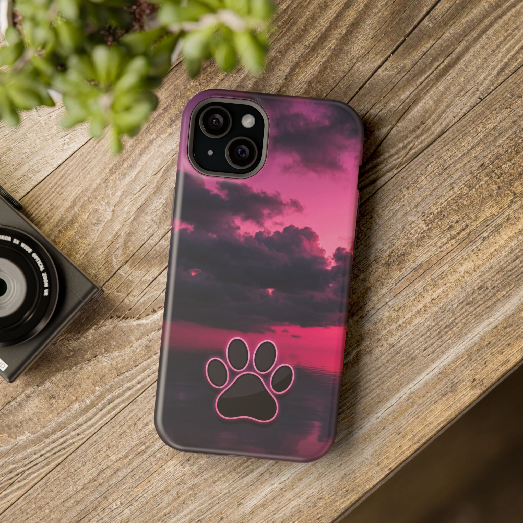 Pink Sky Paw Print Phone Case — Impact-Resistant Wireless Charging Cover