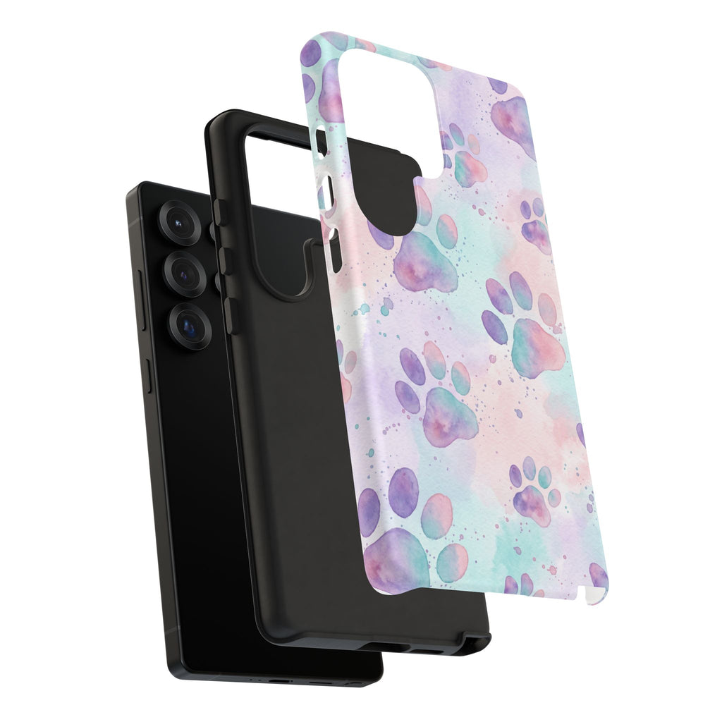 Watercolor Paw Print Phone Case | Pastel Purple, Teal & Pink Artistic Pattern | Samsung & iPhone