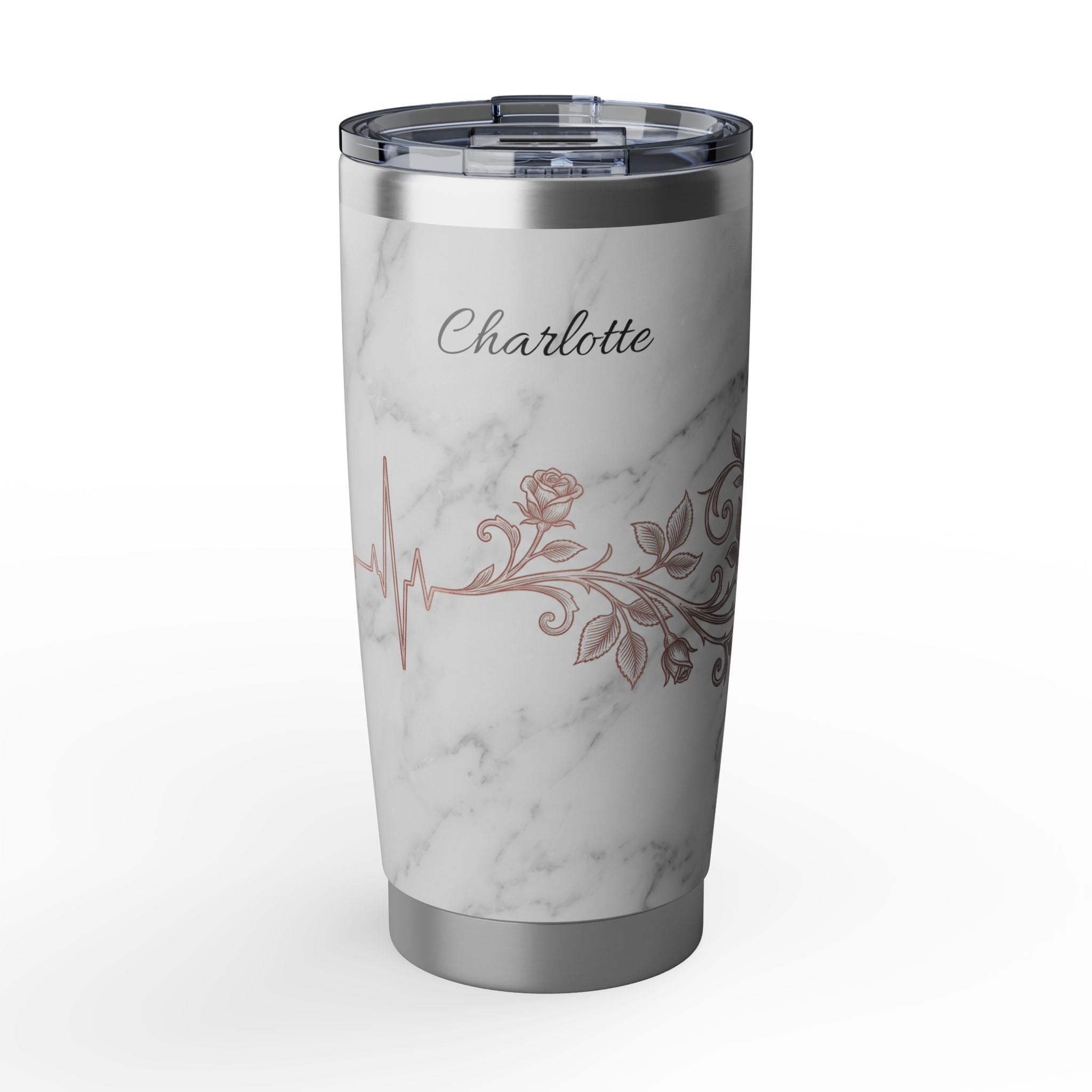 Personalized Marble Floral Tumbler – Custom Name Rose Gold Design 20 oz
