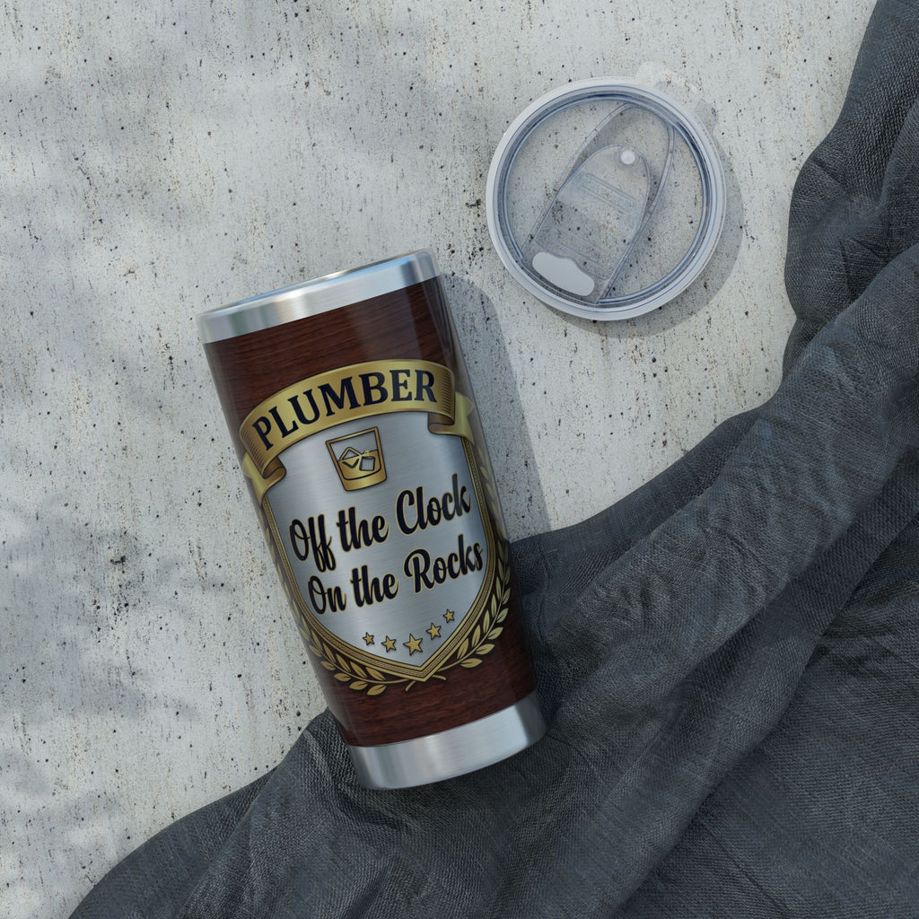 Off Duty Plumber Tumbler – "Off The Clock, On The Rocks" Wood Grain Crest 20 oz