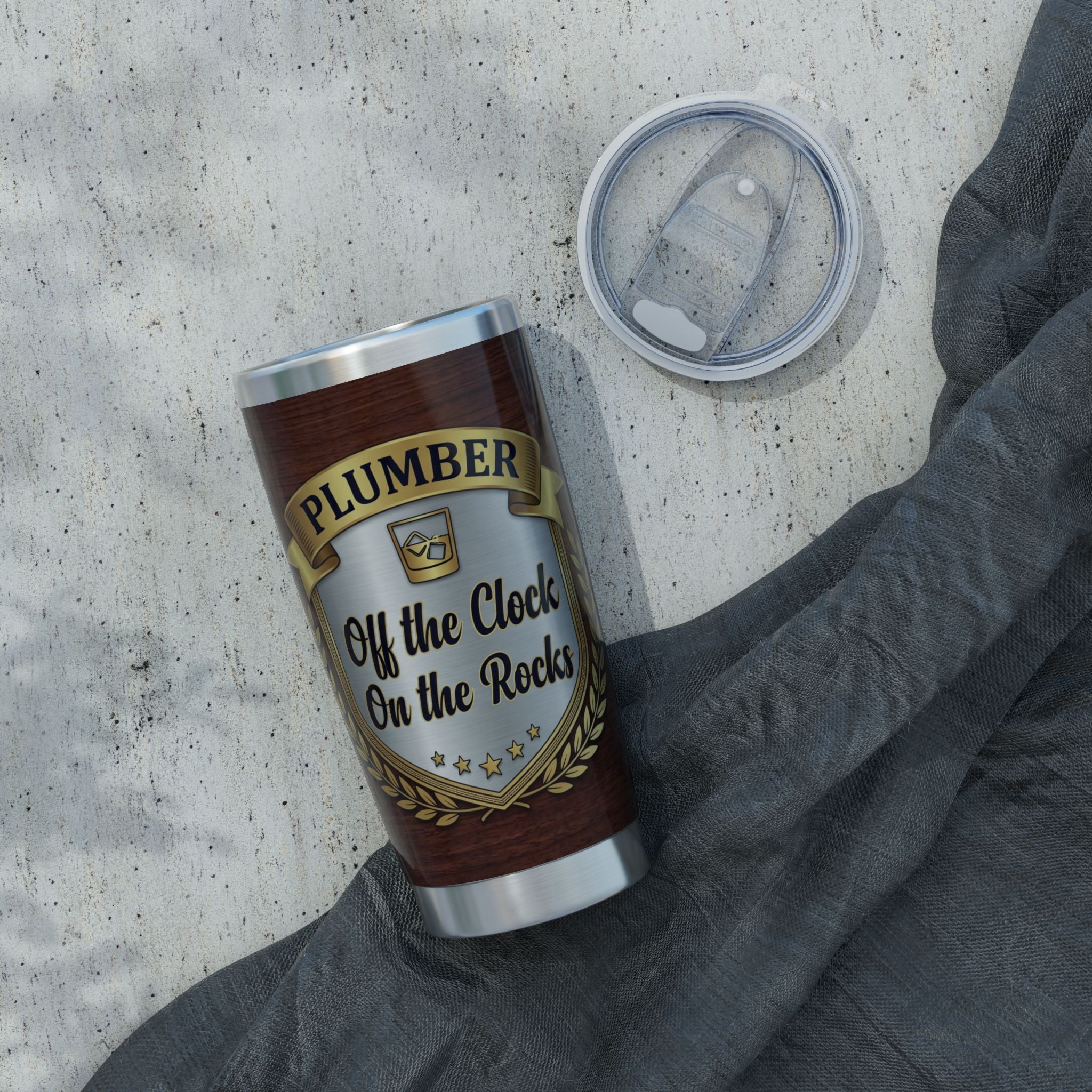 Off Duty Plumber Tumbler – "Off The Clock, On The Rocks" Wood Grain Crest 20 oz