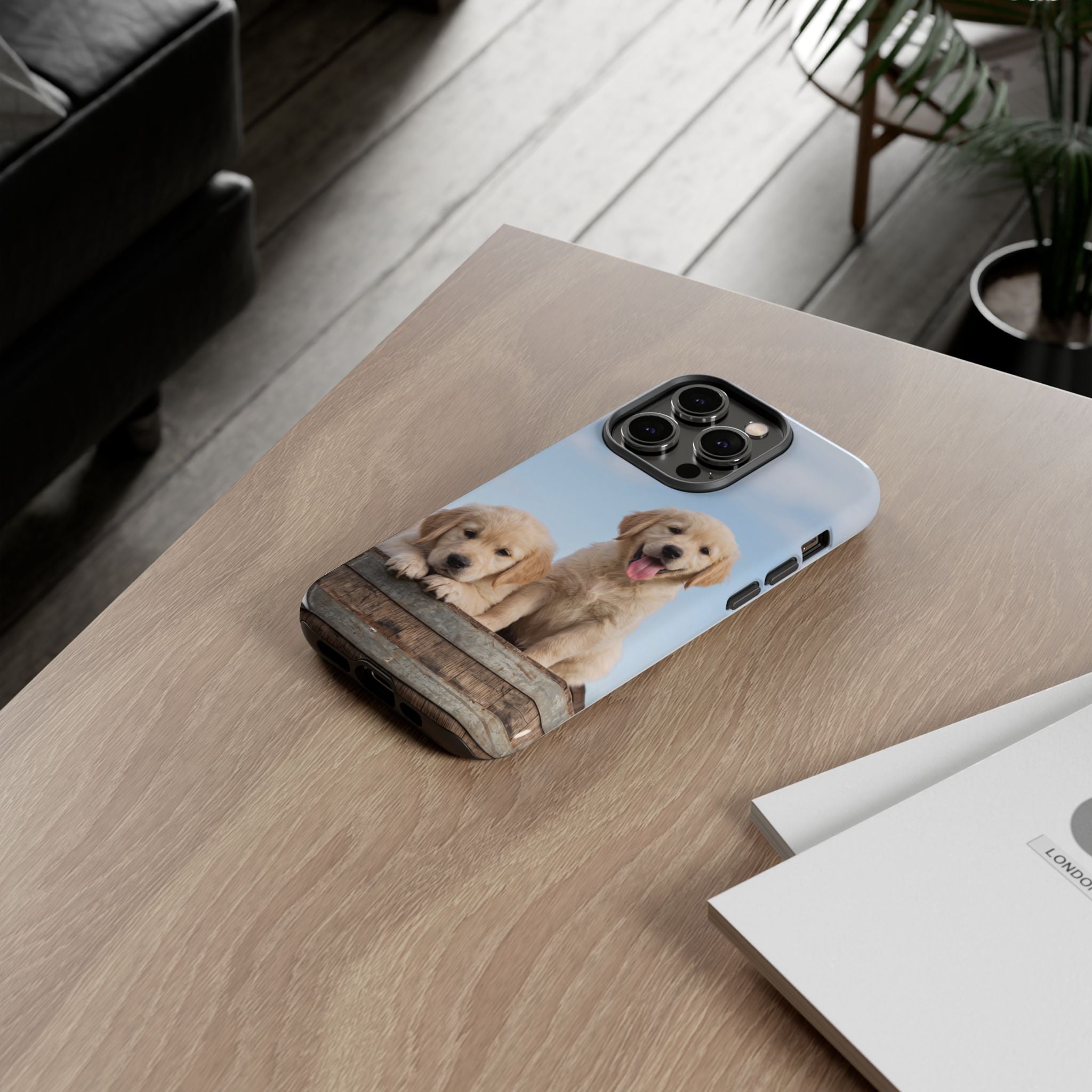 Golden Retriever Puppies on Barrel Phone Case | Cute Duo Under Blue Sky | iPhone & Samsung