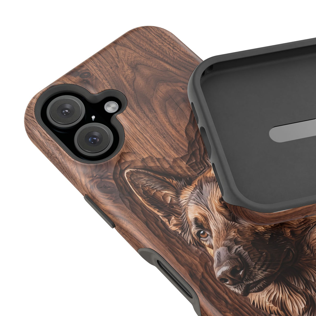 German Shepherd Phone Case | Carved Walnut Art — Tough Magnetic Case with Wireless Charging