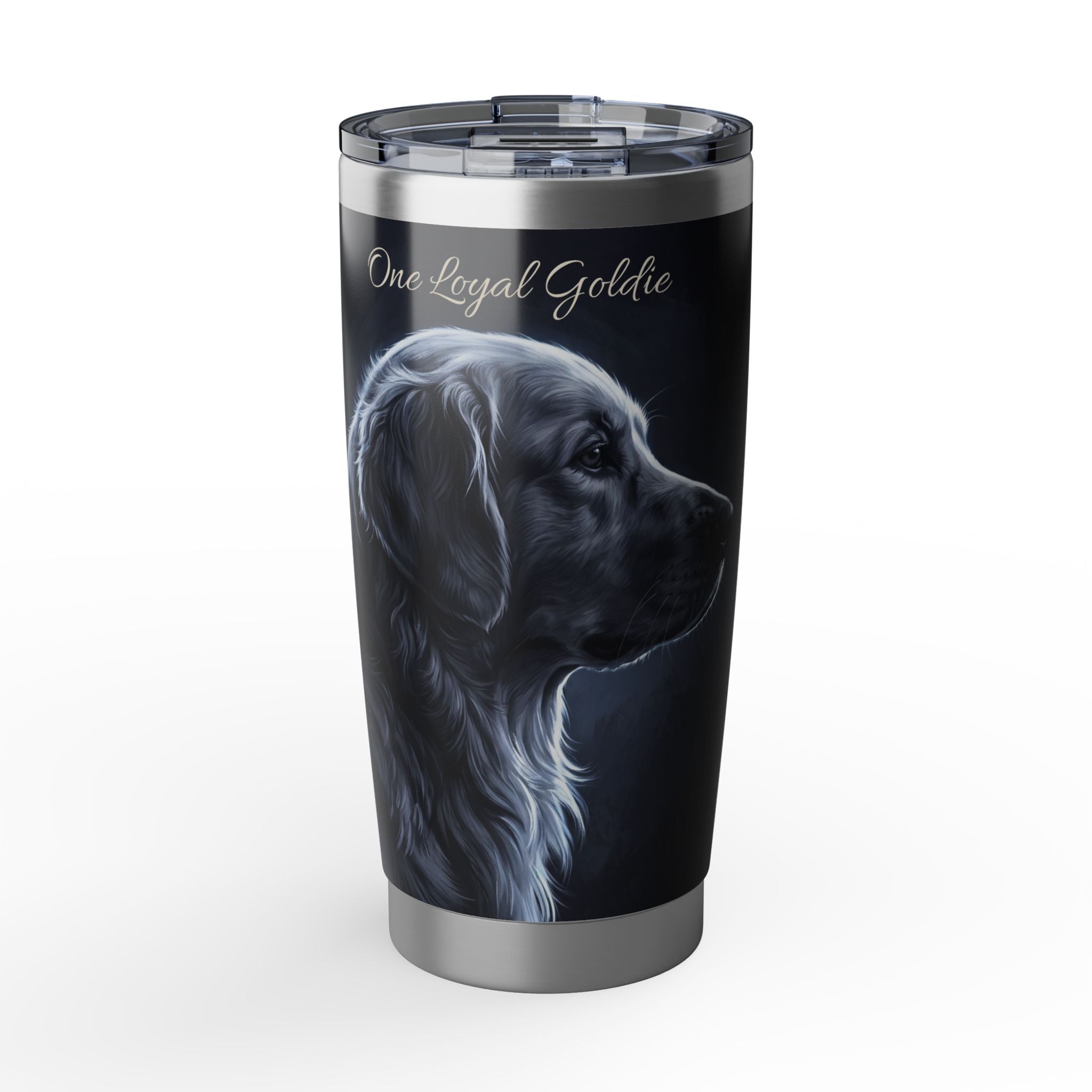 Golden Retriever Tumbler Personalized – 20 oz Stainless Steel Travel Mug with Custom Name, Dark Portrait Design