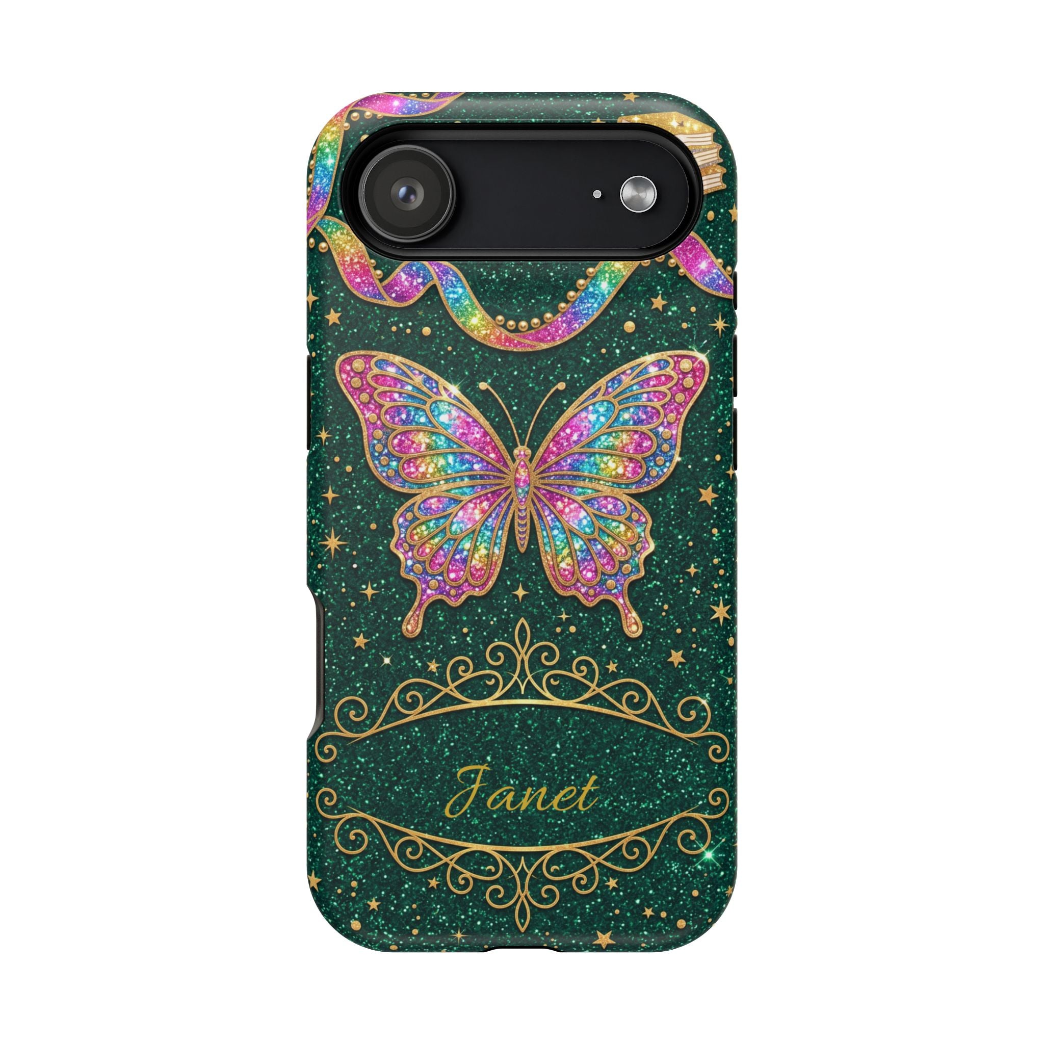 Rainbow Glitter Butterfly Personalized Teacher Phone Case — Wireless Charging Cover