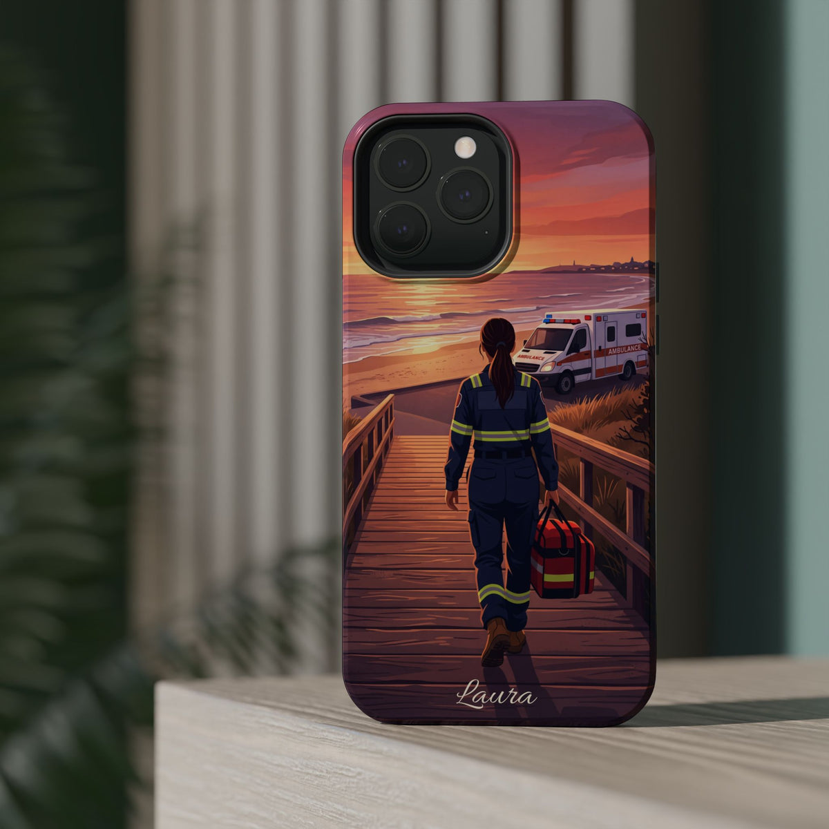 Sunset Boardwalk Personalized Paramedic Phone Case — Wireless Charging Cover