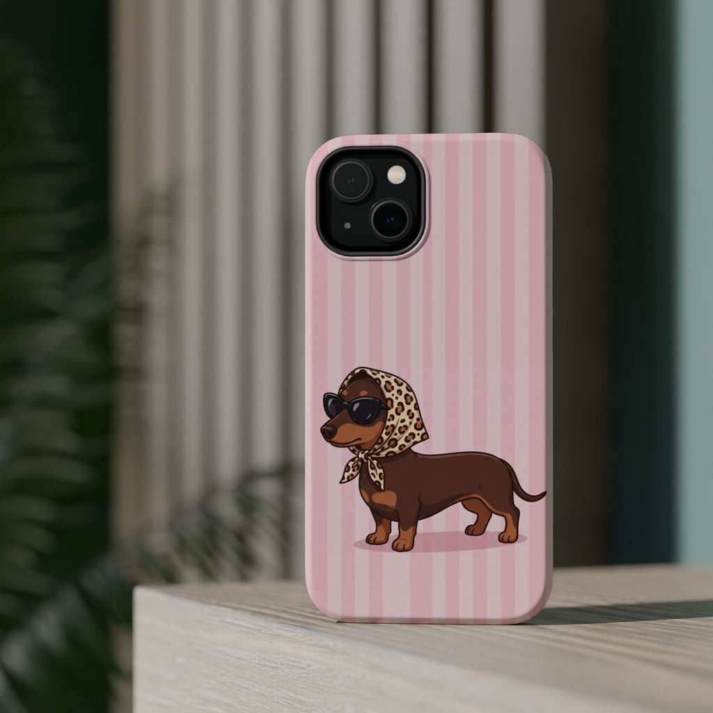 Glam Dachshund Phone Case | Cute Sausage Dog in Leopard Scarf & Sunglasses | Pink Stripe Case for iPhone & Samsung