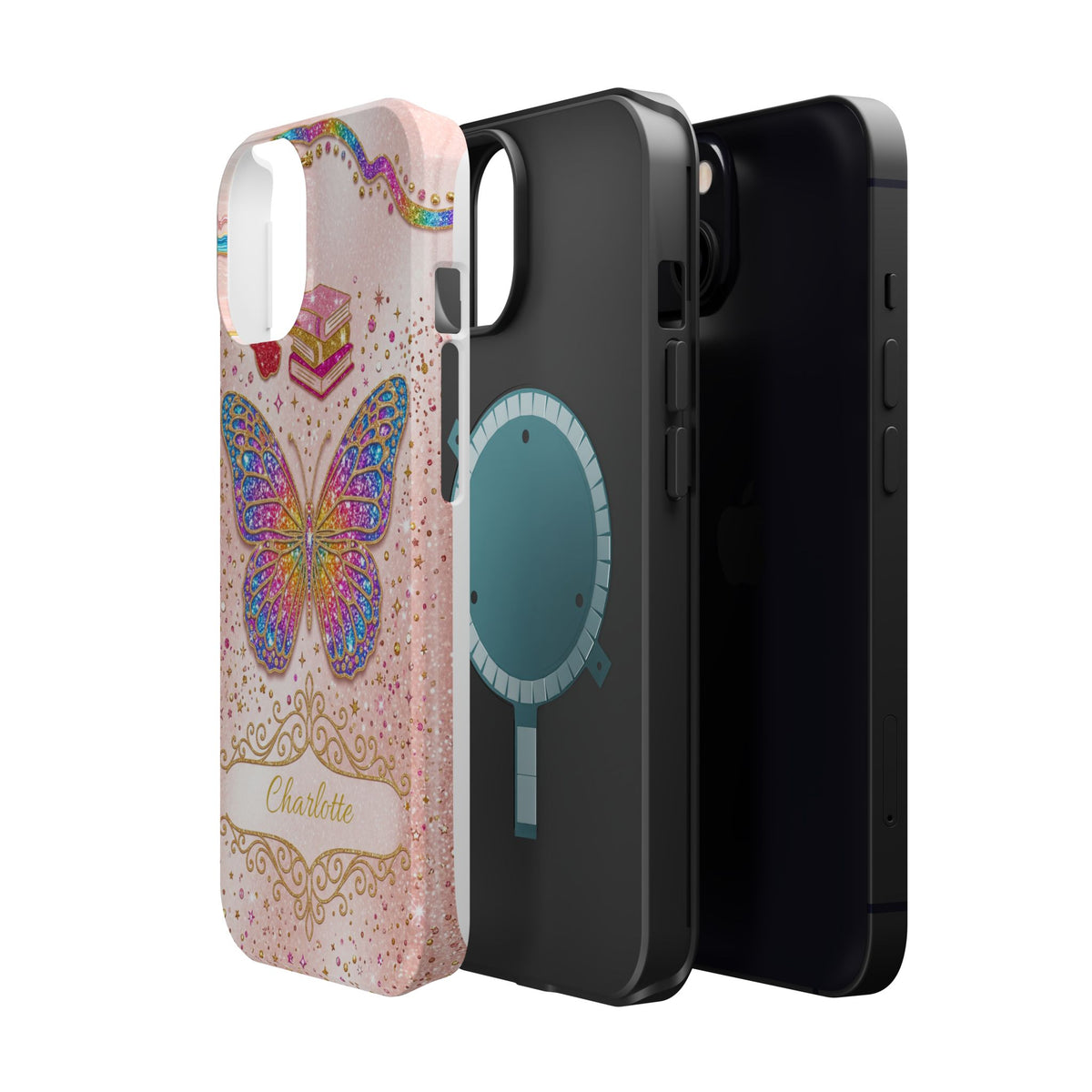 Blush Glitter Butterfly Personalized Teacher Phone Case — Wireless Charging Cover