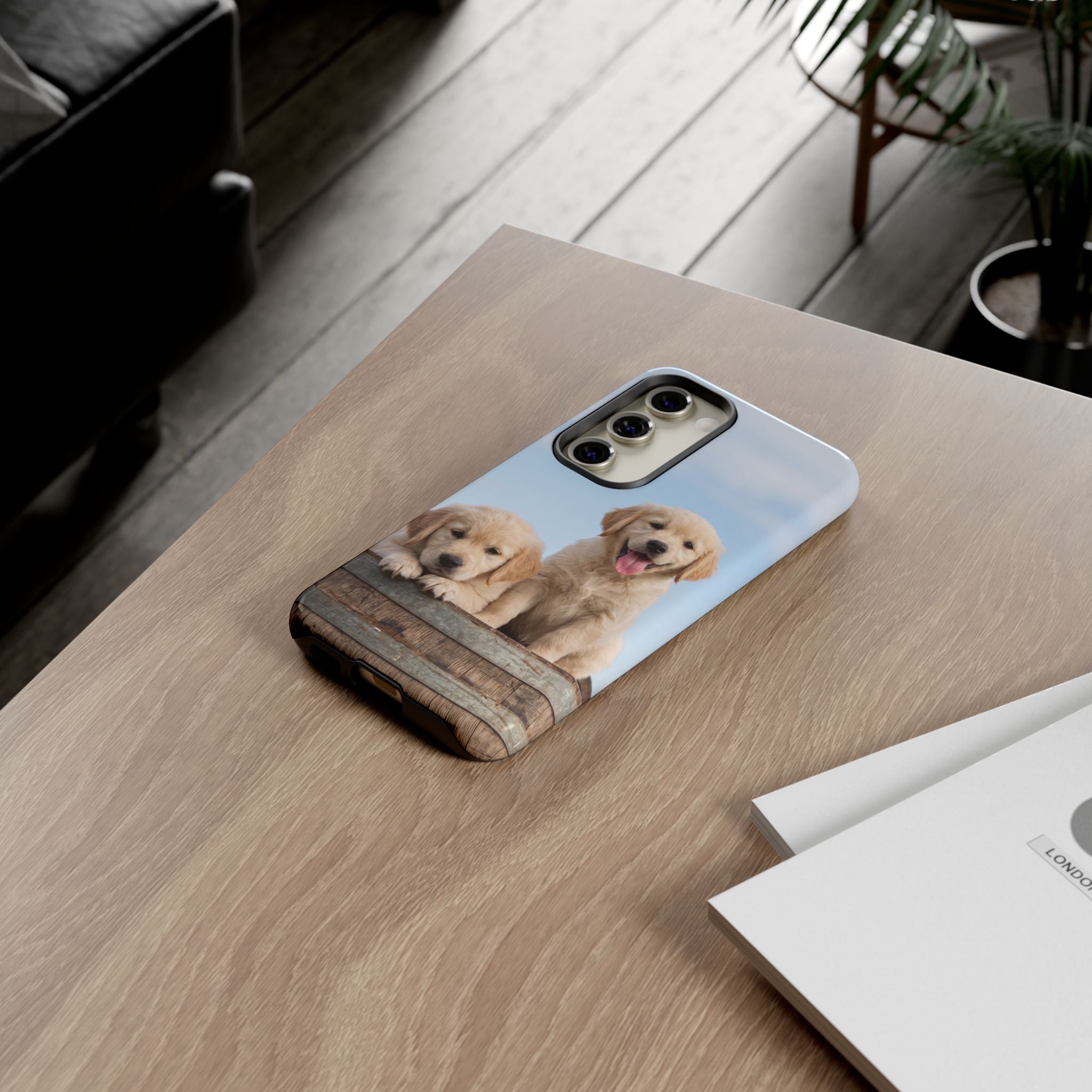 Golden Retriever Puppies on Barrel Phone Case | Cute Duo Under Blue Sky | iPhone & Samsung