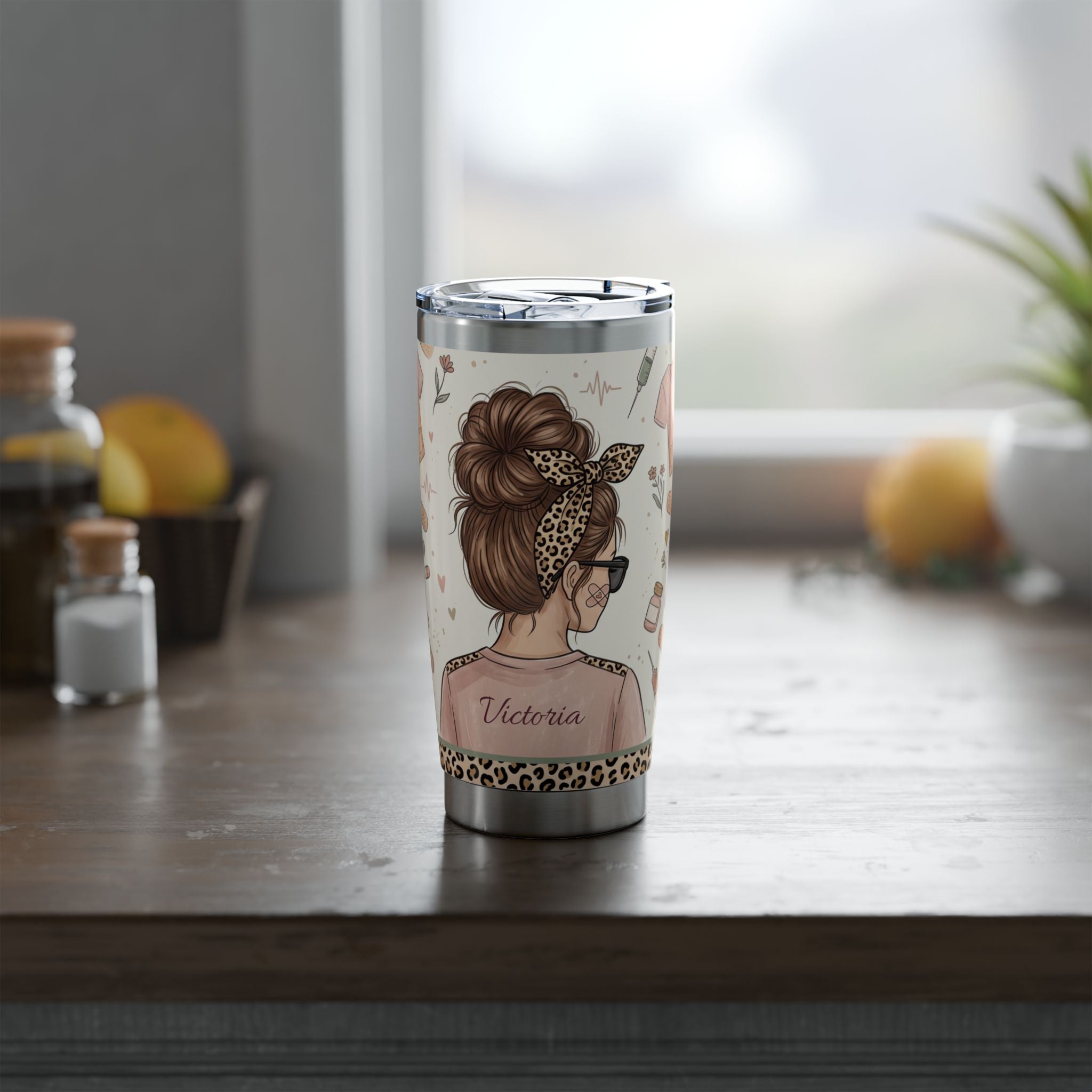 Personalized Leopard Bandana Nurse Tumbler – Custom Name Realistic Design 20 oz