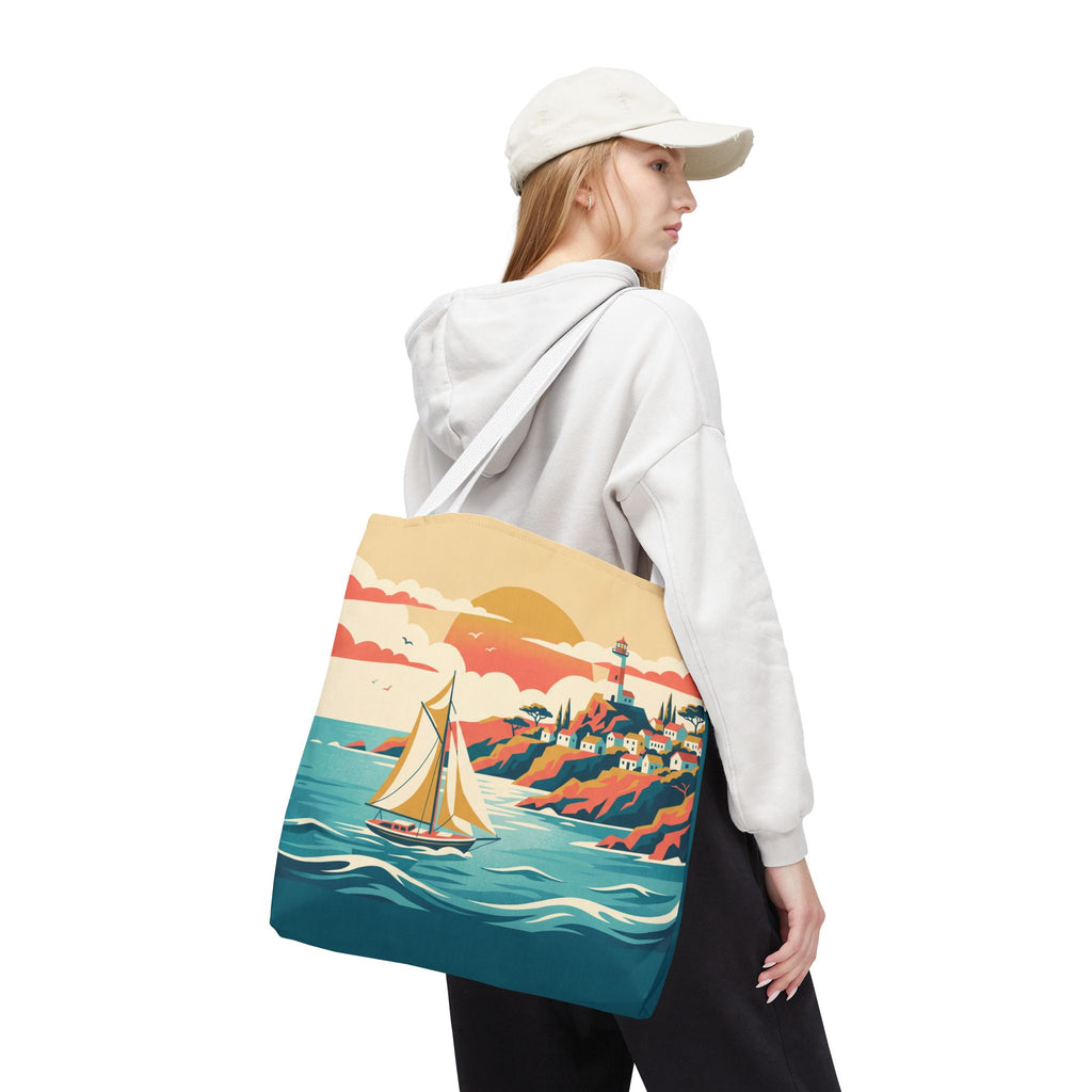 Coastal Lighthouse Sailboat Tote Bag – Retro Seaside Sunset Beach Bag