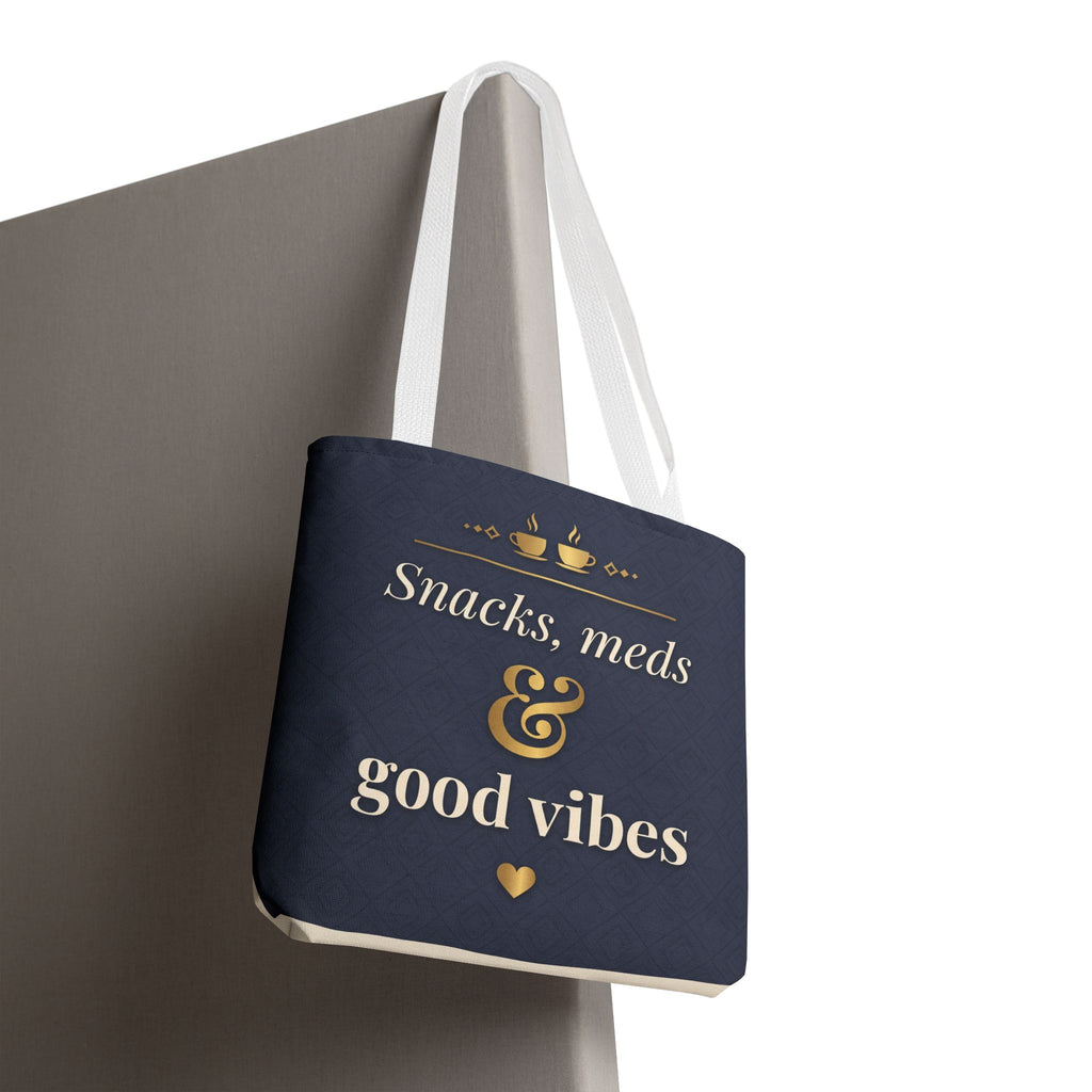 Snacks Meds & Good Vibes Tote | Funny Nurse Gift Tote Bag | Healthcare Worker Humour Gift | Premium Polyester Carry-All