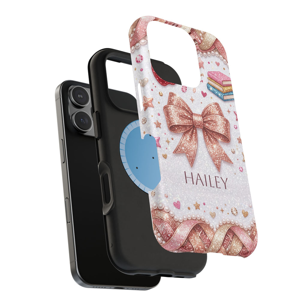 Rose Gold Glitter Bow Personalized Teacher Phone Case — Wireless Charging Cover