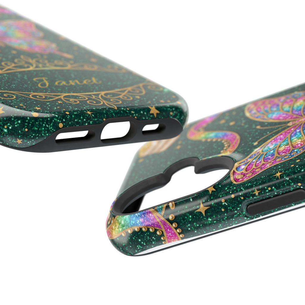 Rainbow Glitter Butterfly Personalized Teacher Phone Case — Wireless Charging Cover