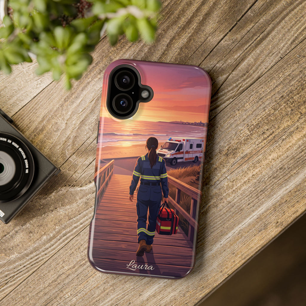 Sunset Boardwalk Personalized Paramedic Phone Case — Wireless Charging Cover