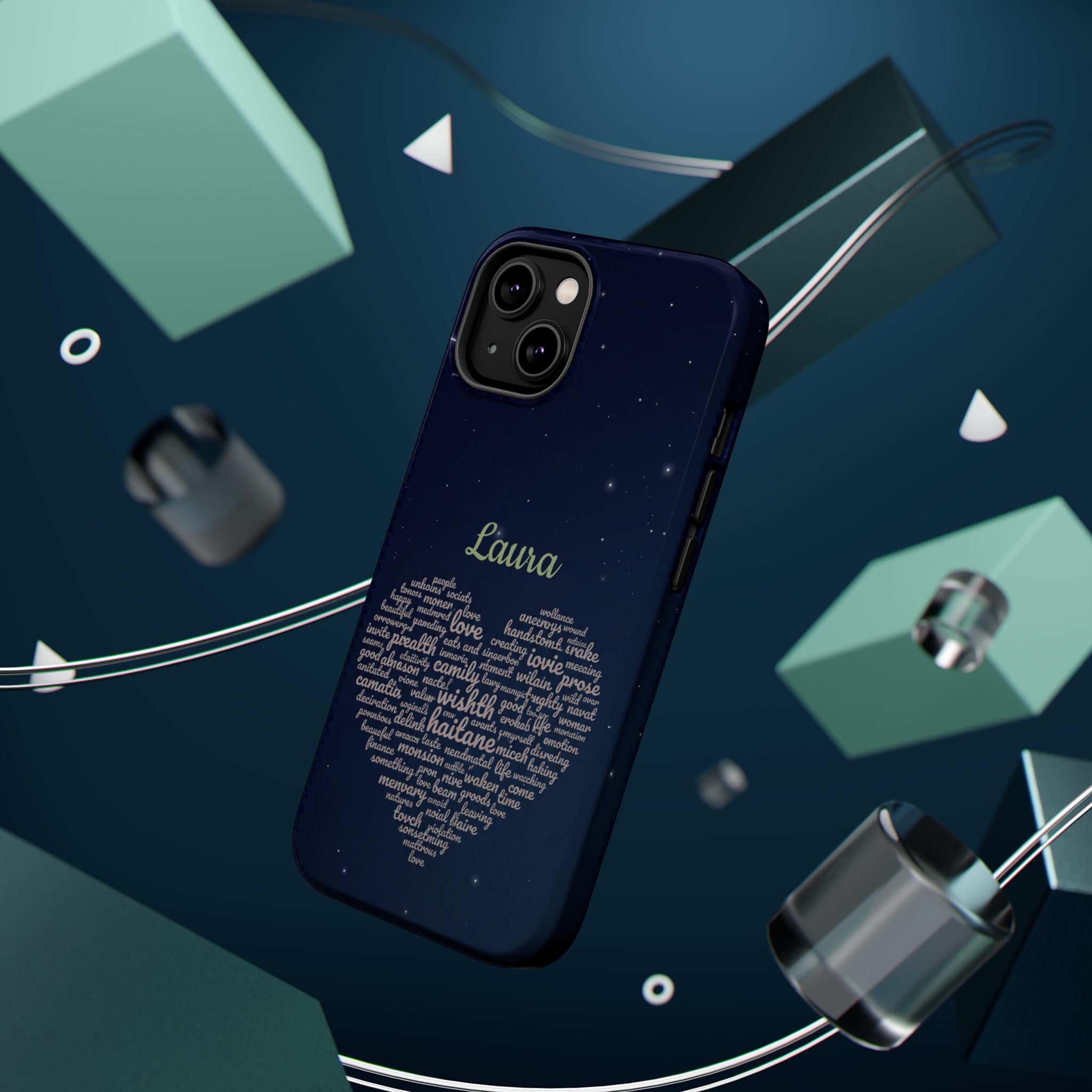Personalized Teacher Heart Word Art Phone Case — Navy Wireless Charging Cover