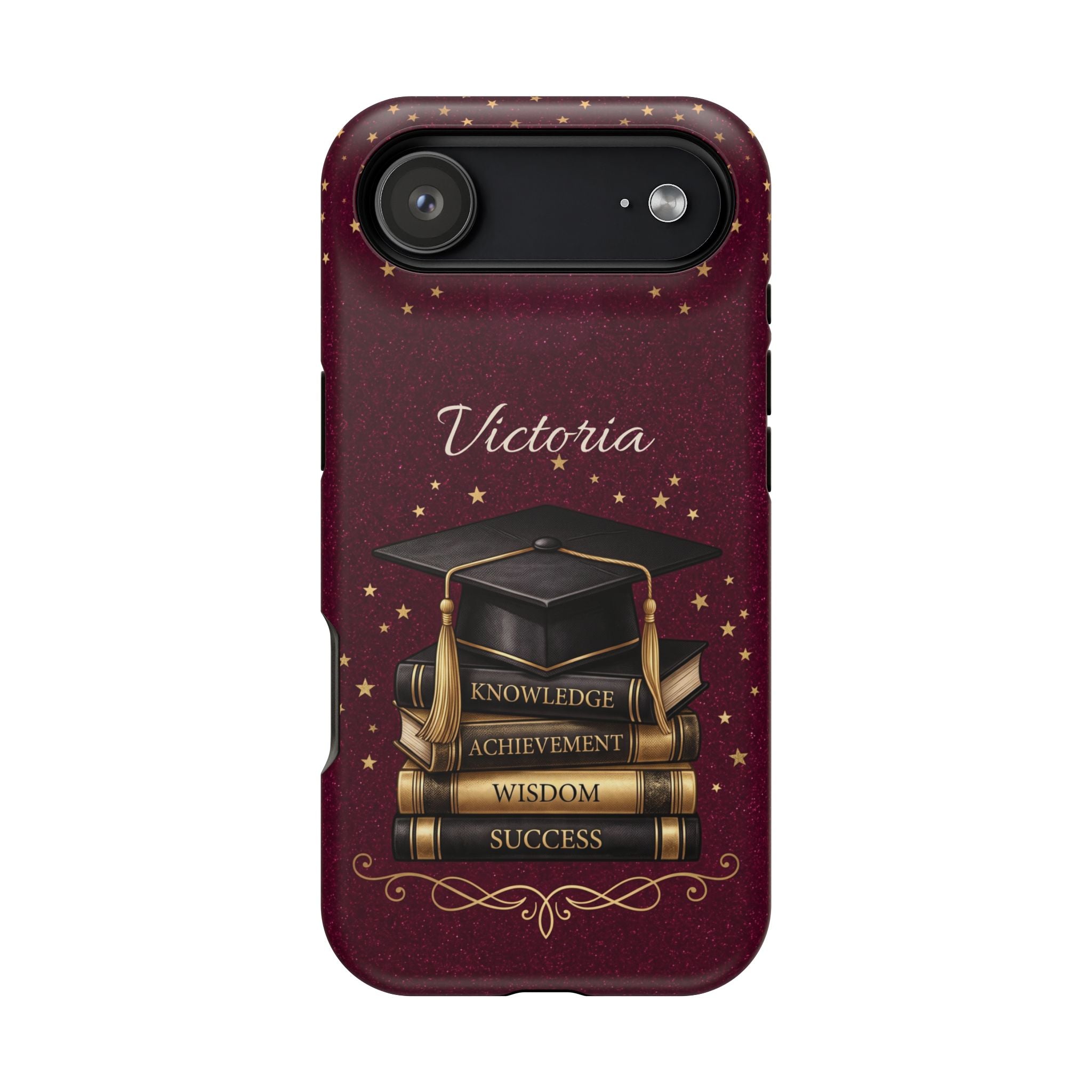 Graduation Cap & Books Personalized Teacher Phone Case — Wireless Charging Cover