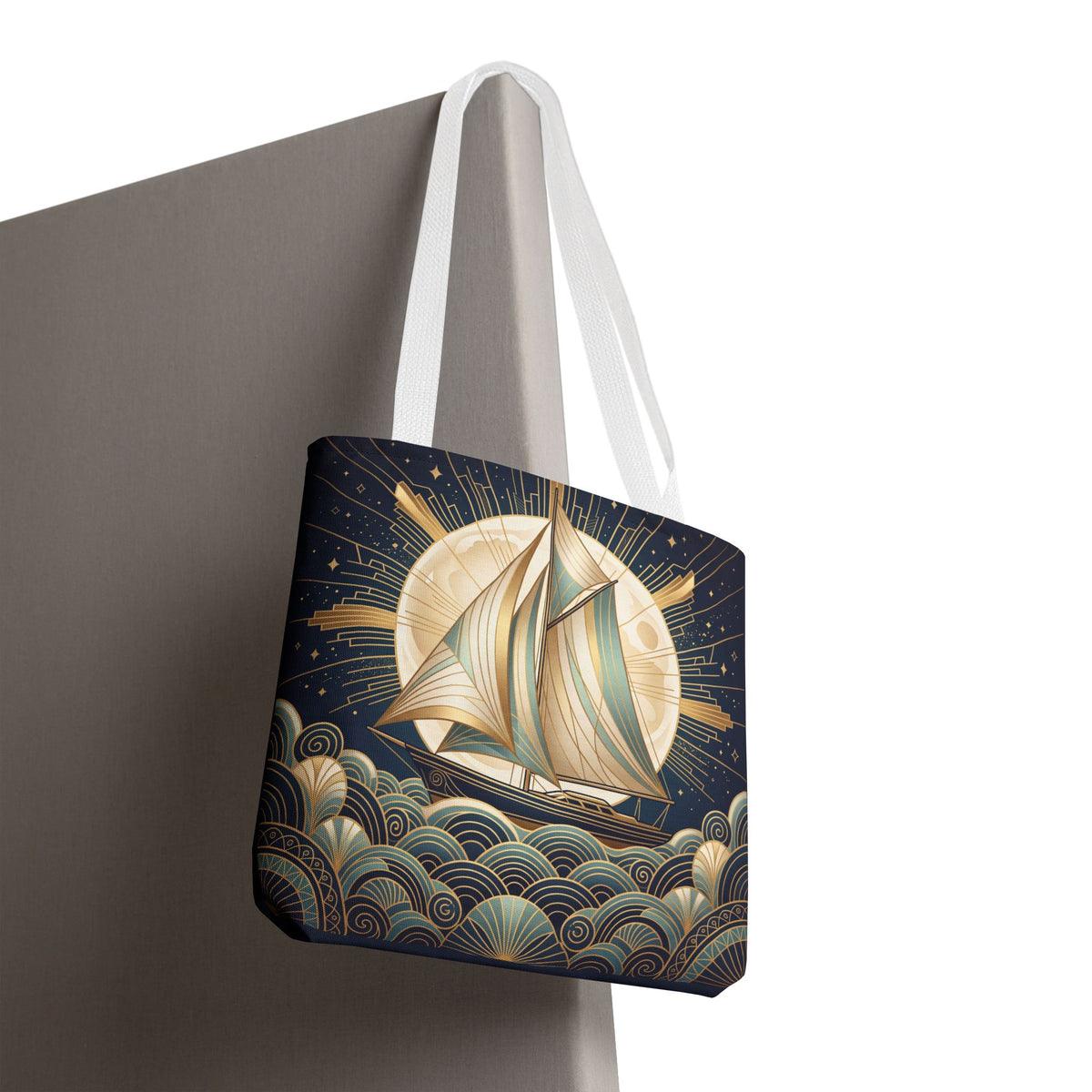 Art Deco Moonlit Sailboat Tote Bag – Starry Night Nautical Beach Bag