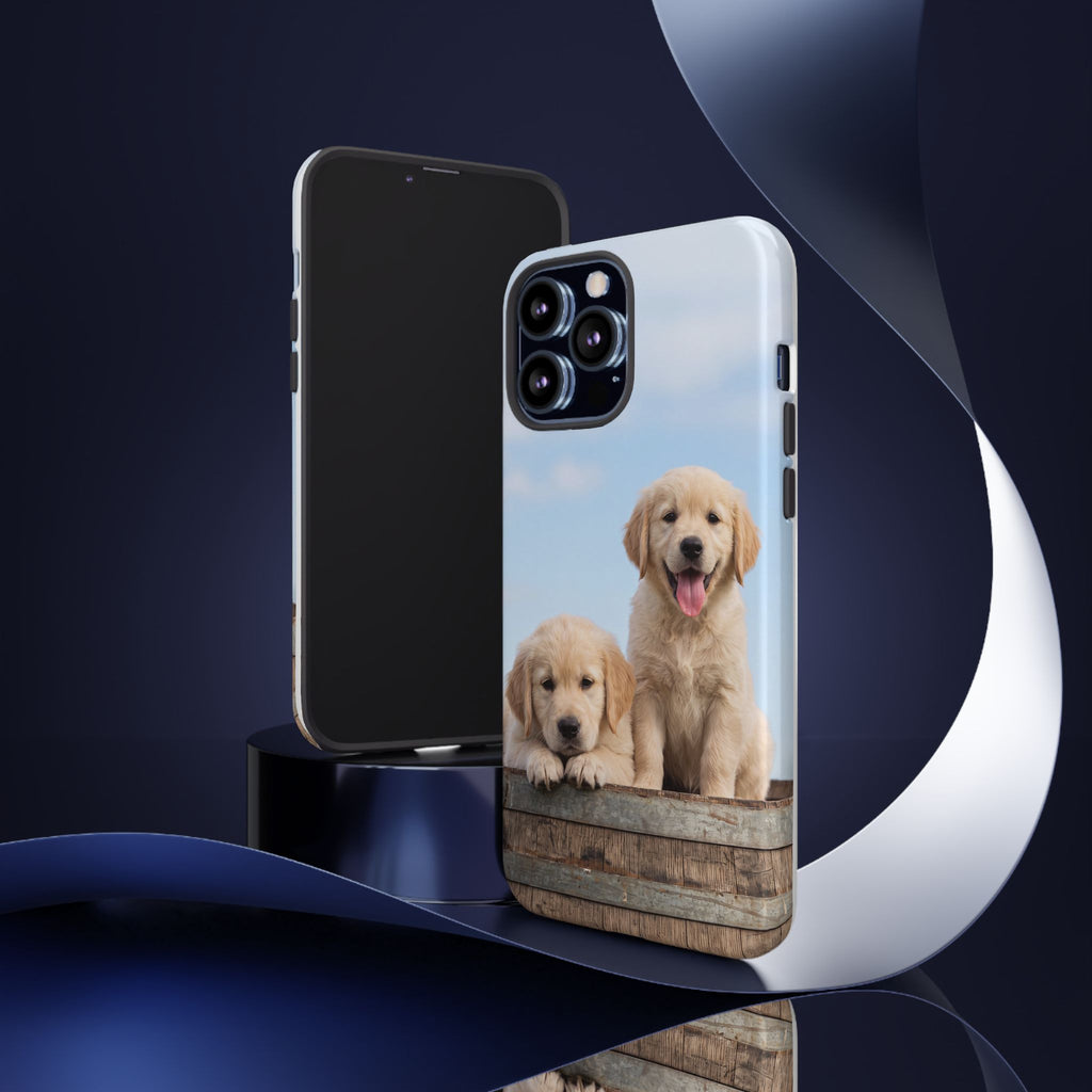 Golden Retriever Puppies on Barrel Phone Case | Cute Duo Under Blue Sky | iPhone & Samsung