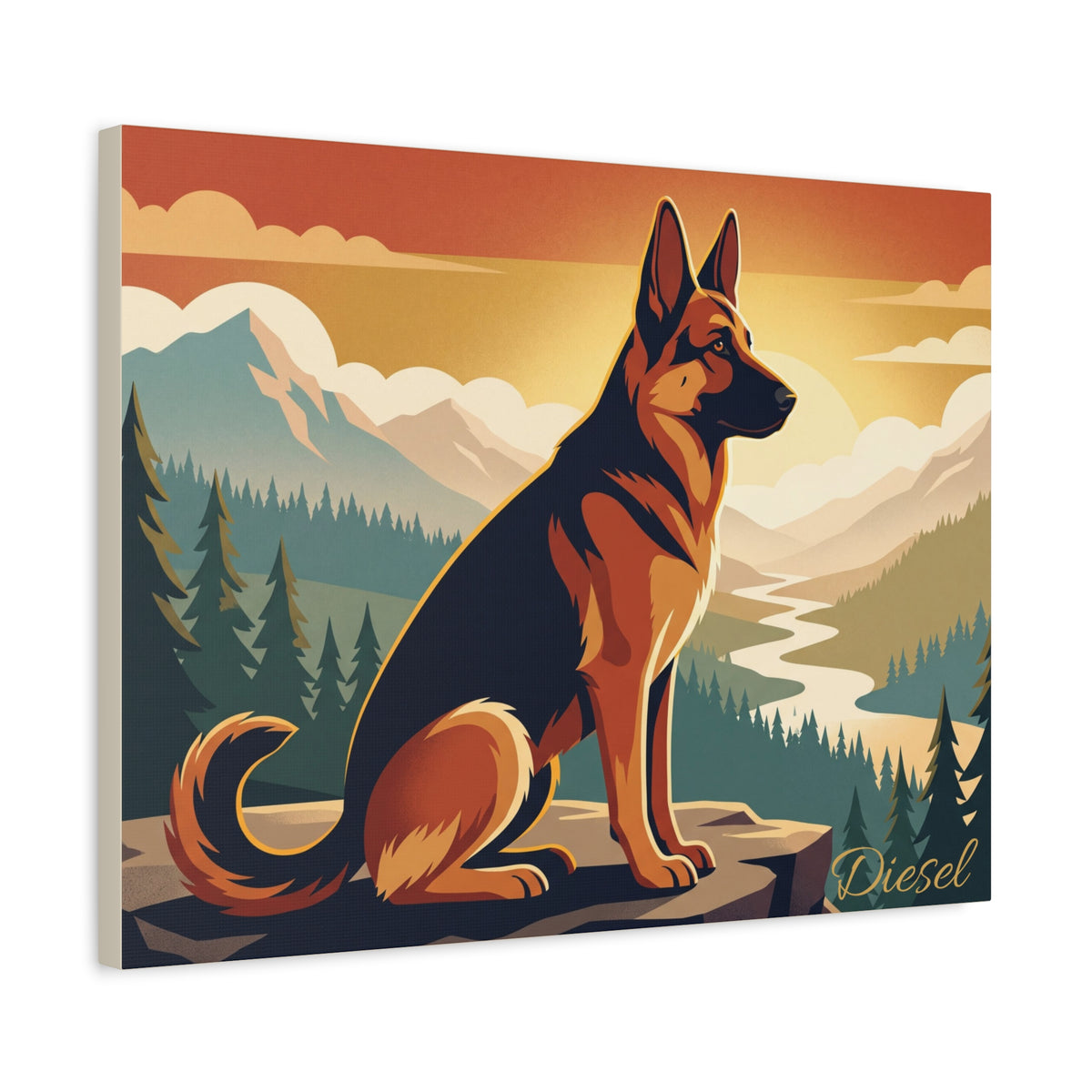 German Shepherd Personalized Canvas | Retro Mountain Adventure Wall Art