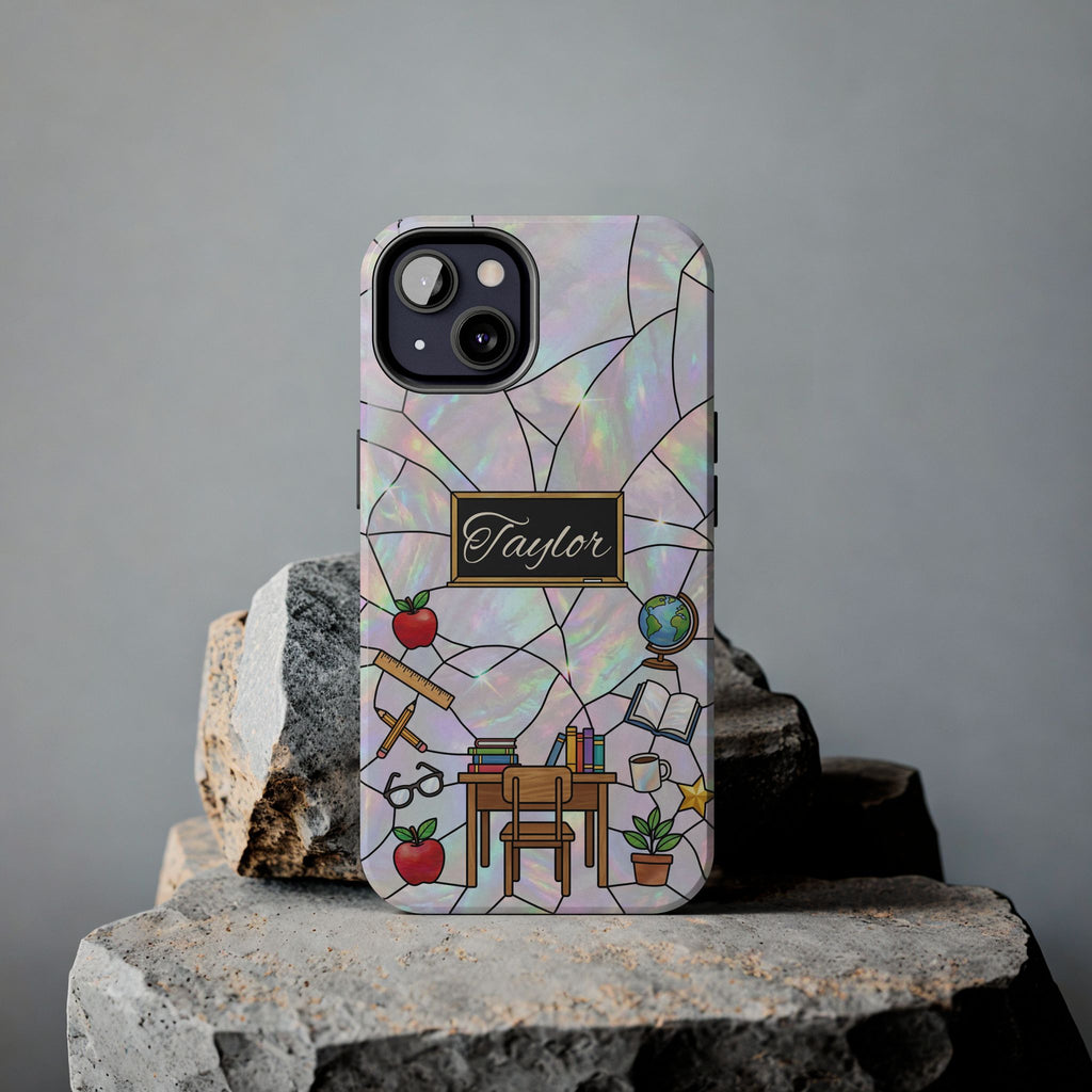 Personalized Teacher Phone Case — Custom Name Stained Glass Classroom Design