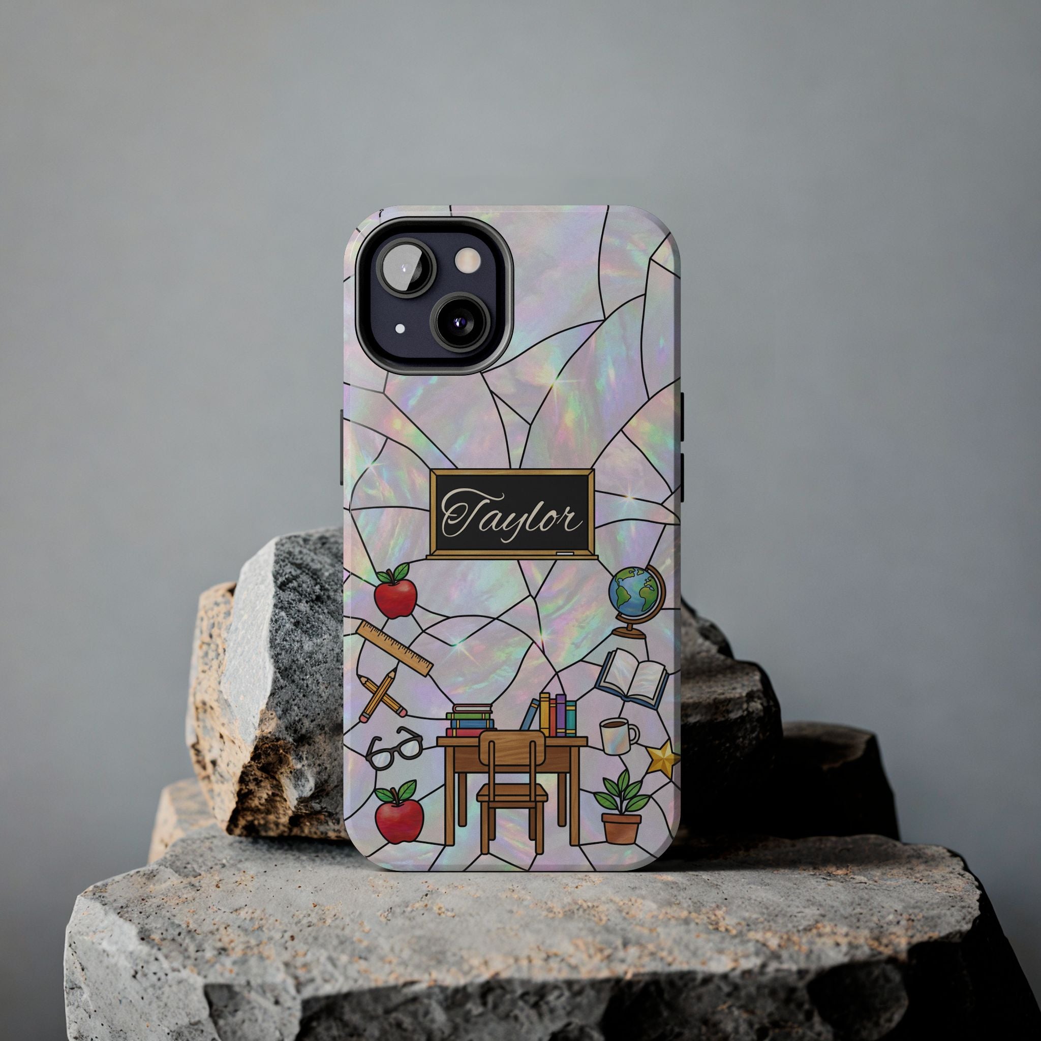Personalized Teacher Phone Case — Custom Name Stained Glass Classroom Design