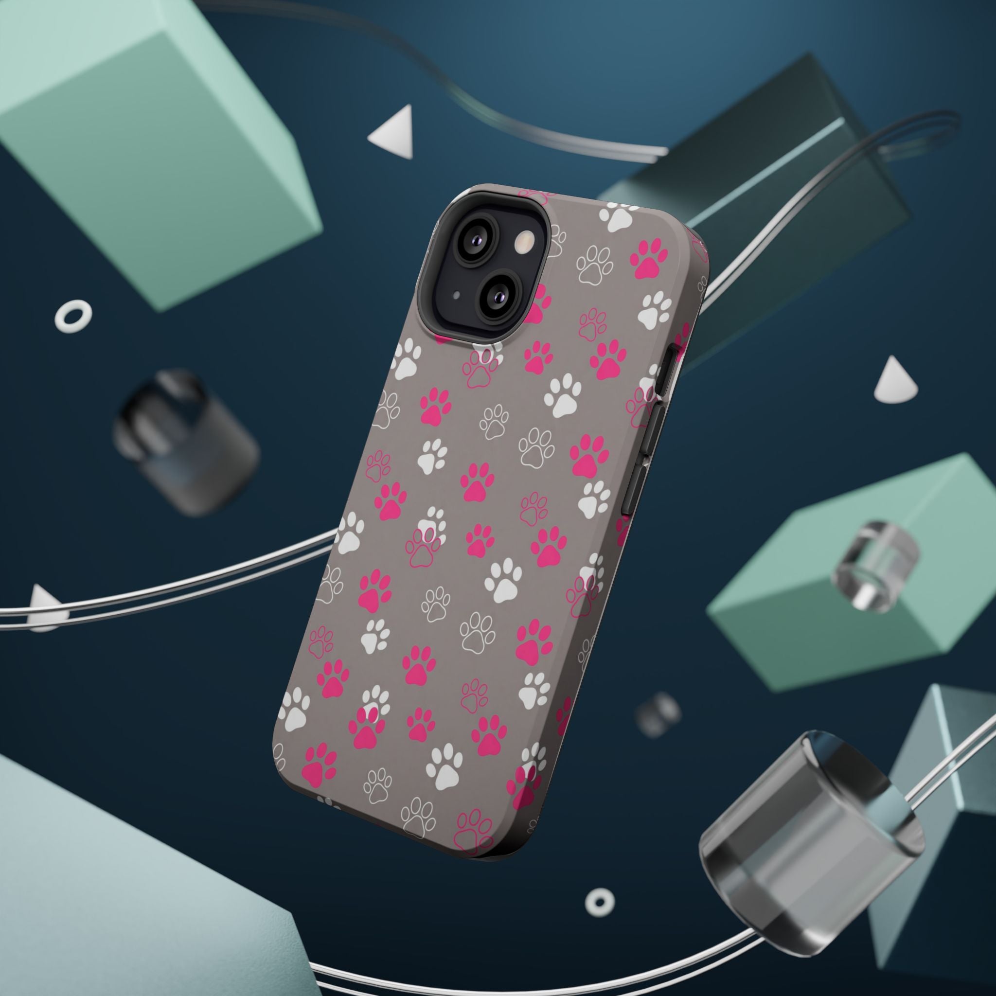Pink & White Paw Print Phone Case — Impact-Resistant Wireless Charging Cover