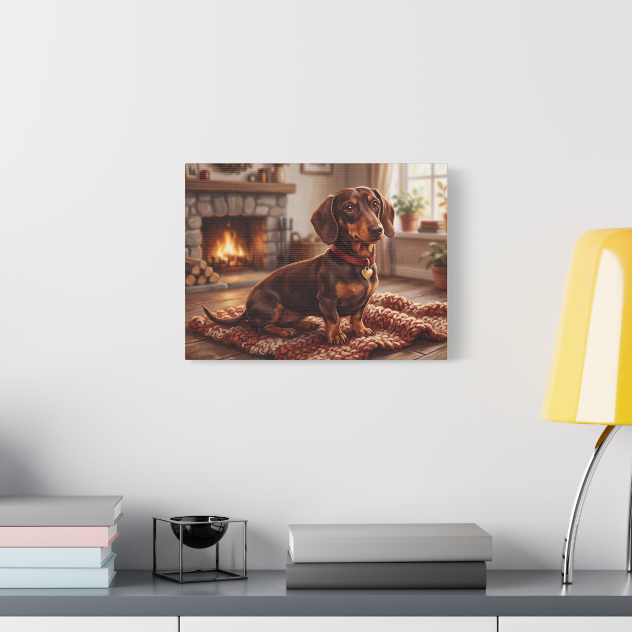 Dachshund Canvas Print | Cozy Fireside Dachshund Wall Art | Dog Lover Home Decor