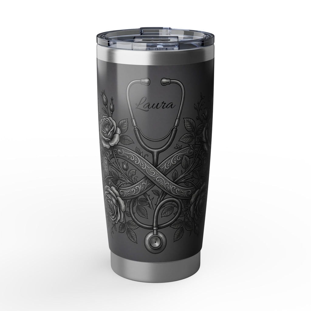 Personalized Stethoscope Tumbler – Rose Gold Floral Design 20 oz