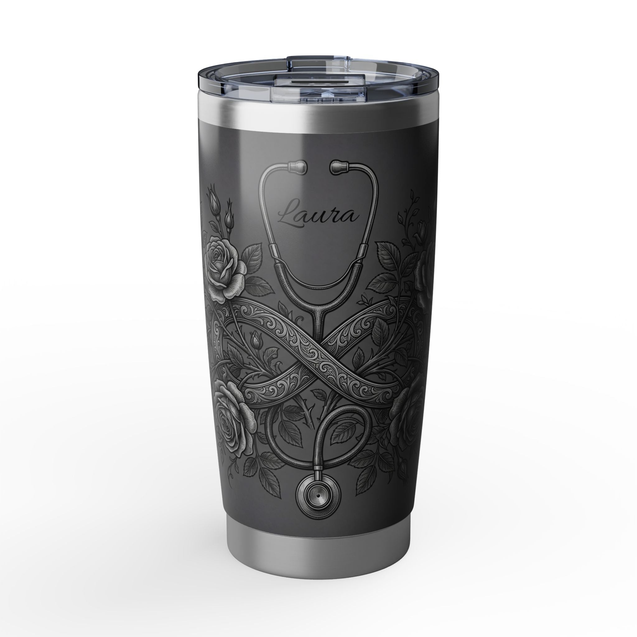 Personalized Stethoscope Tumbler – Rose Gold Floral Design 20 oz