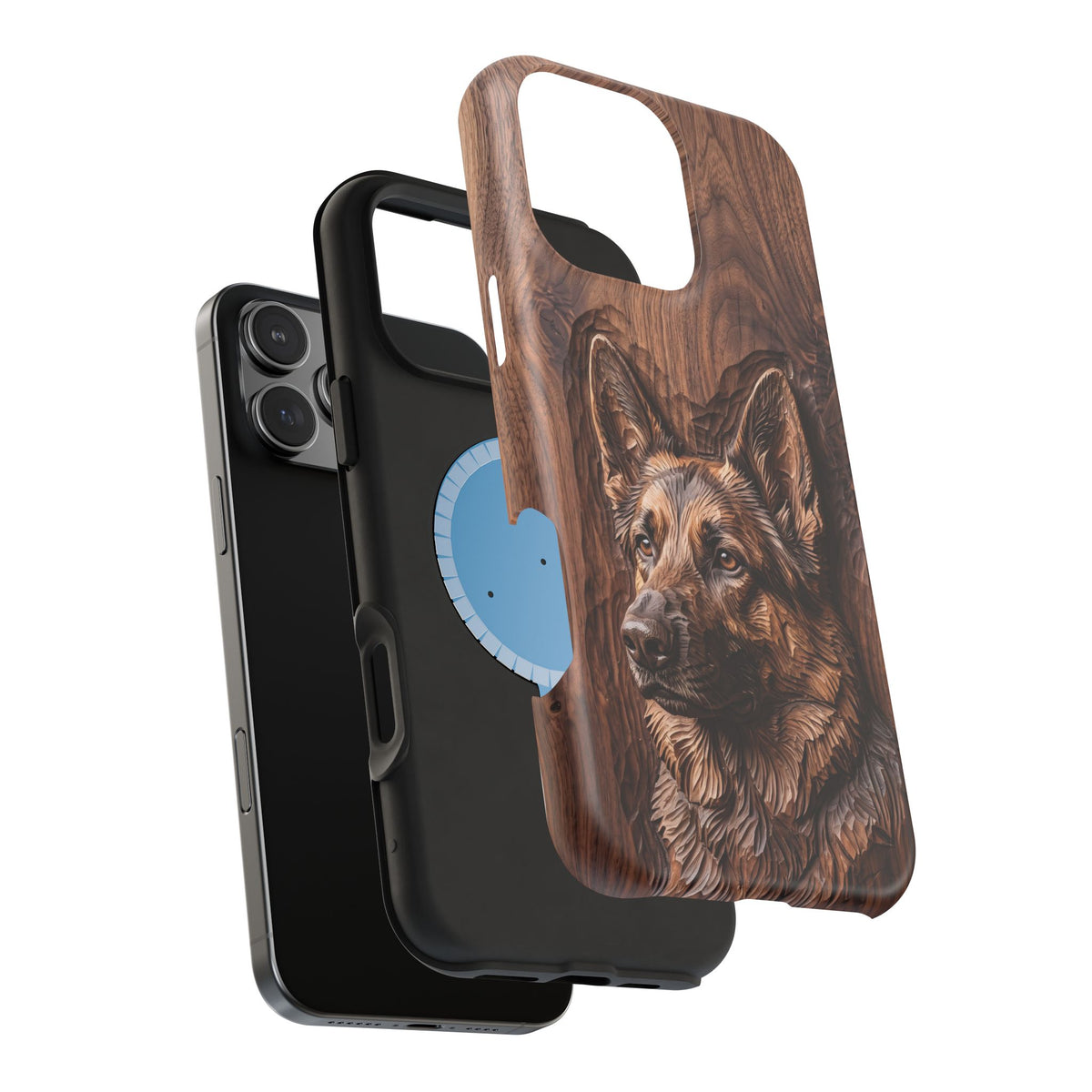 German Shepherd Phone Case | Carved Walnut Art — Tough Magnetic Case with Wireless Charging