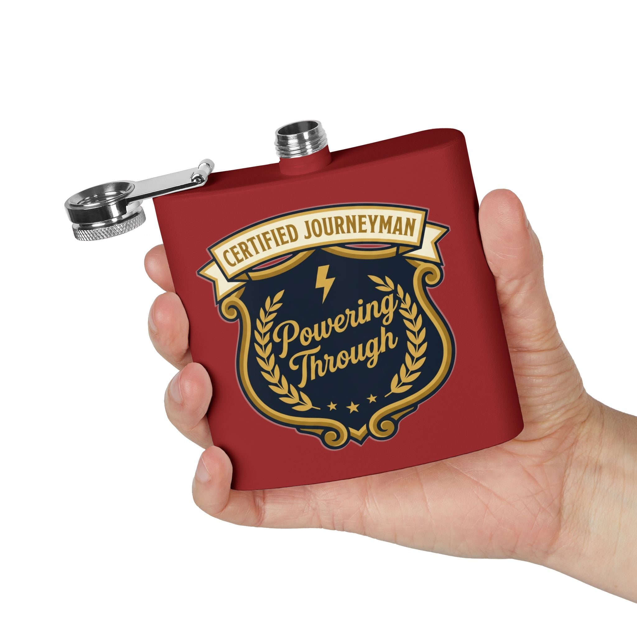 Flask — "Certified Journeyman: Powering Through" 6oz Stainless Steel Hip Flask