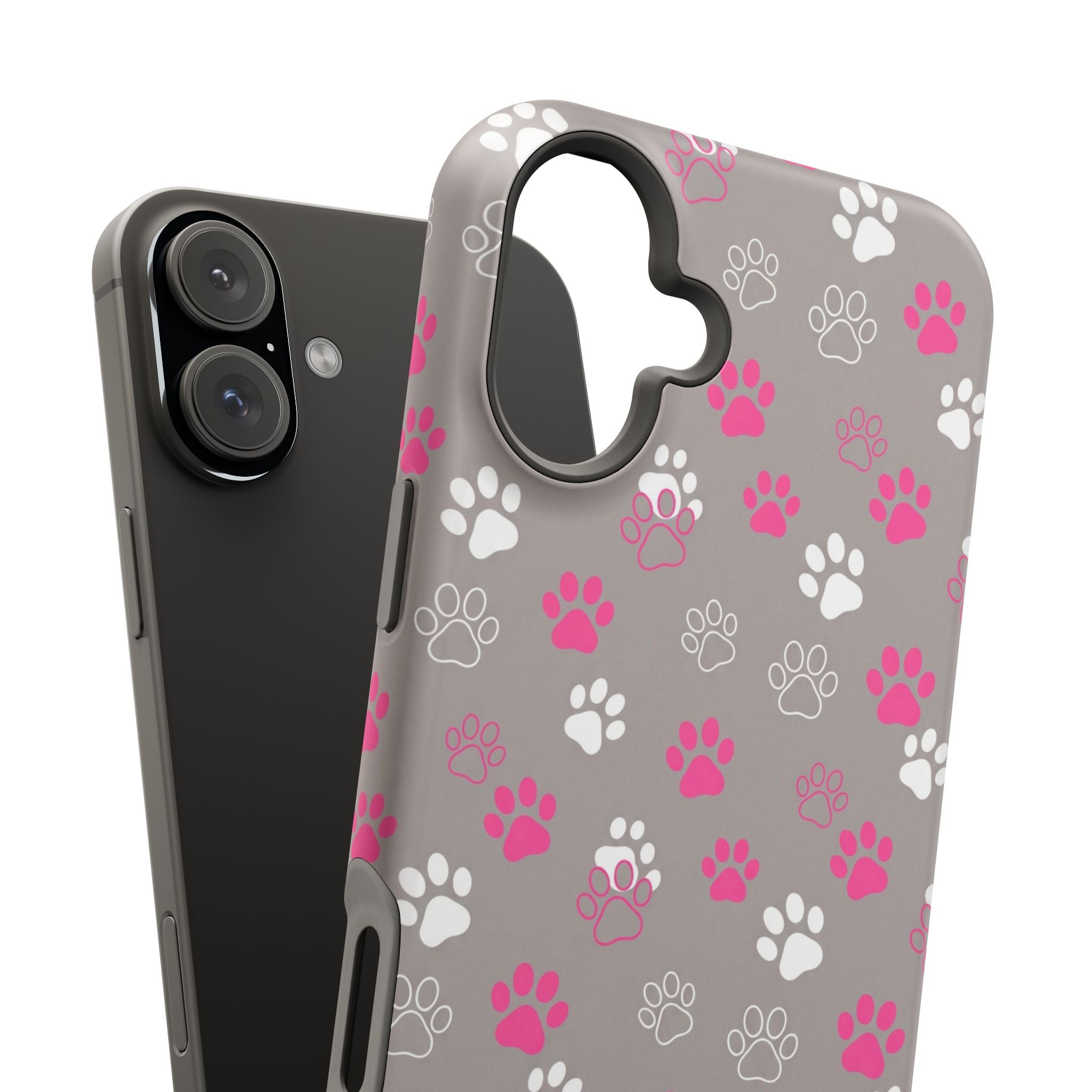 Pink & White Paw Print Phone Case — Impact-Resistant Wireless Charging Cover