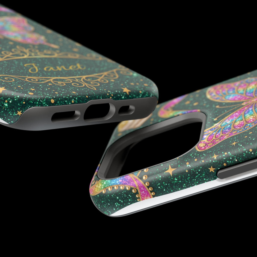 Rainbow Glitter Butterfly Personalized Teacher Phone Case — Wireless Charging Cover