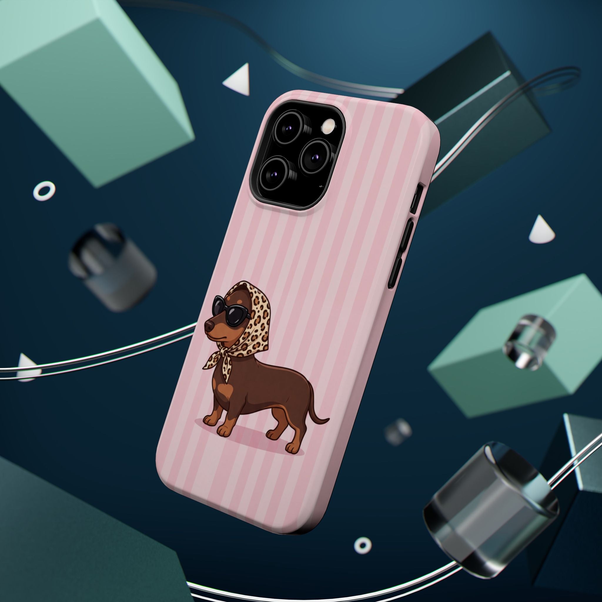 Glam Dachshund Phone Case | Cute Sausage Dog in Leopard Scarf & Sunglasses | Pink Stripe Case for iPhone & Samsung