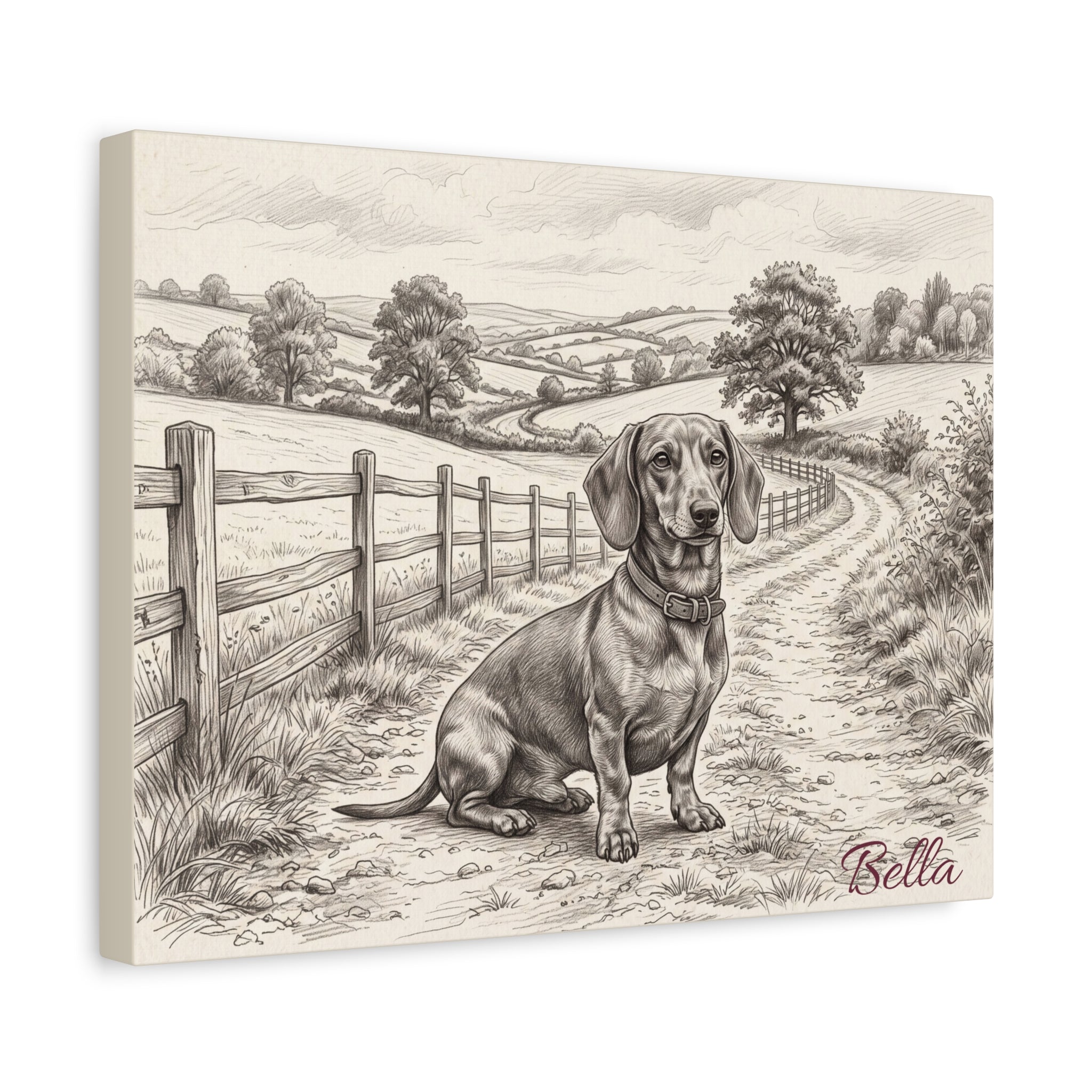 Dachshund Countryside Sketch Personalized Canvas | Rustic Farm Path Wall Art