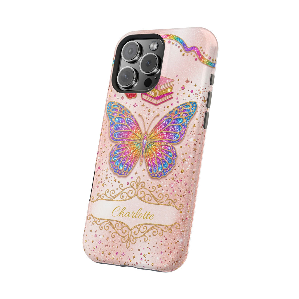 Blush Glitter Butterfly Personalized Teacher Phone Case — Wireless Charging Cover