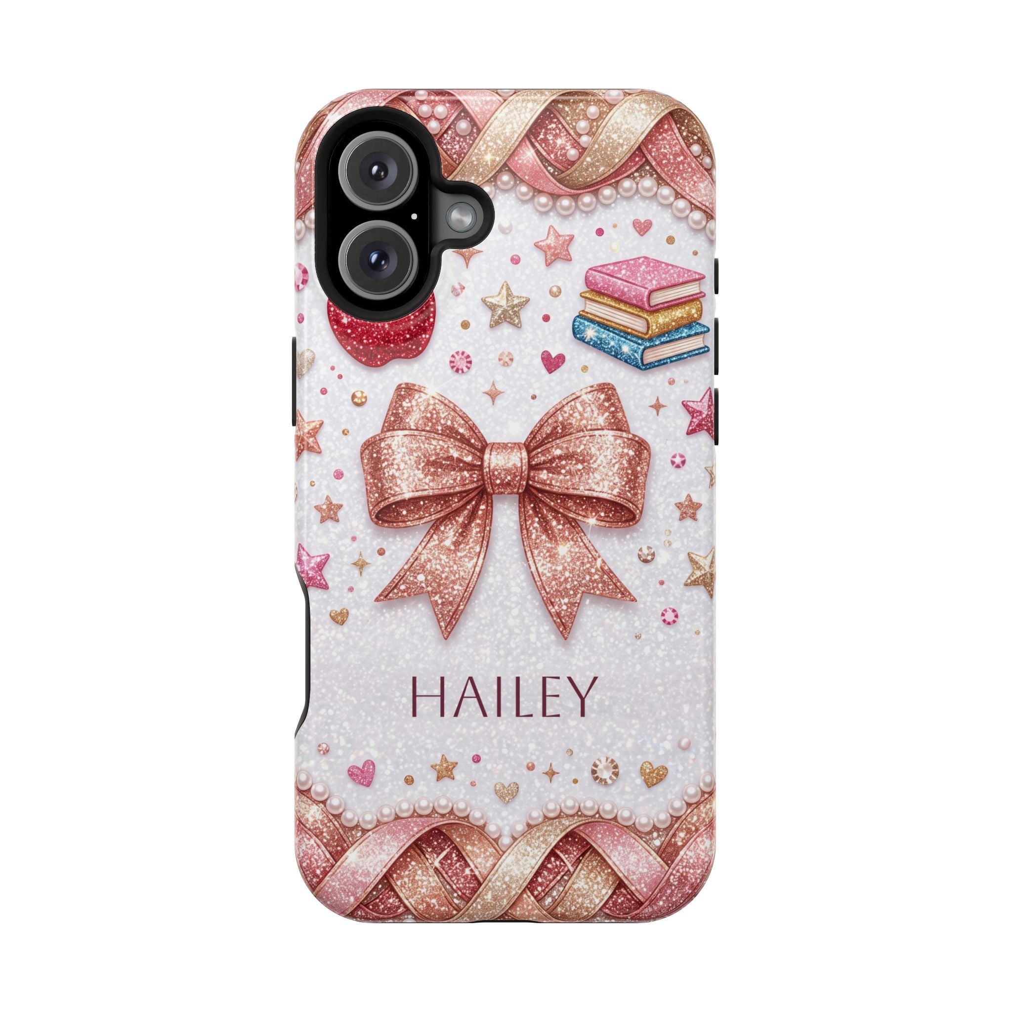 Rose Gold Glitter Bow Personalized Teacher Phone Case — Wireless Charging Cover