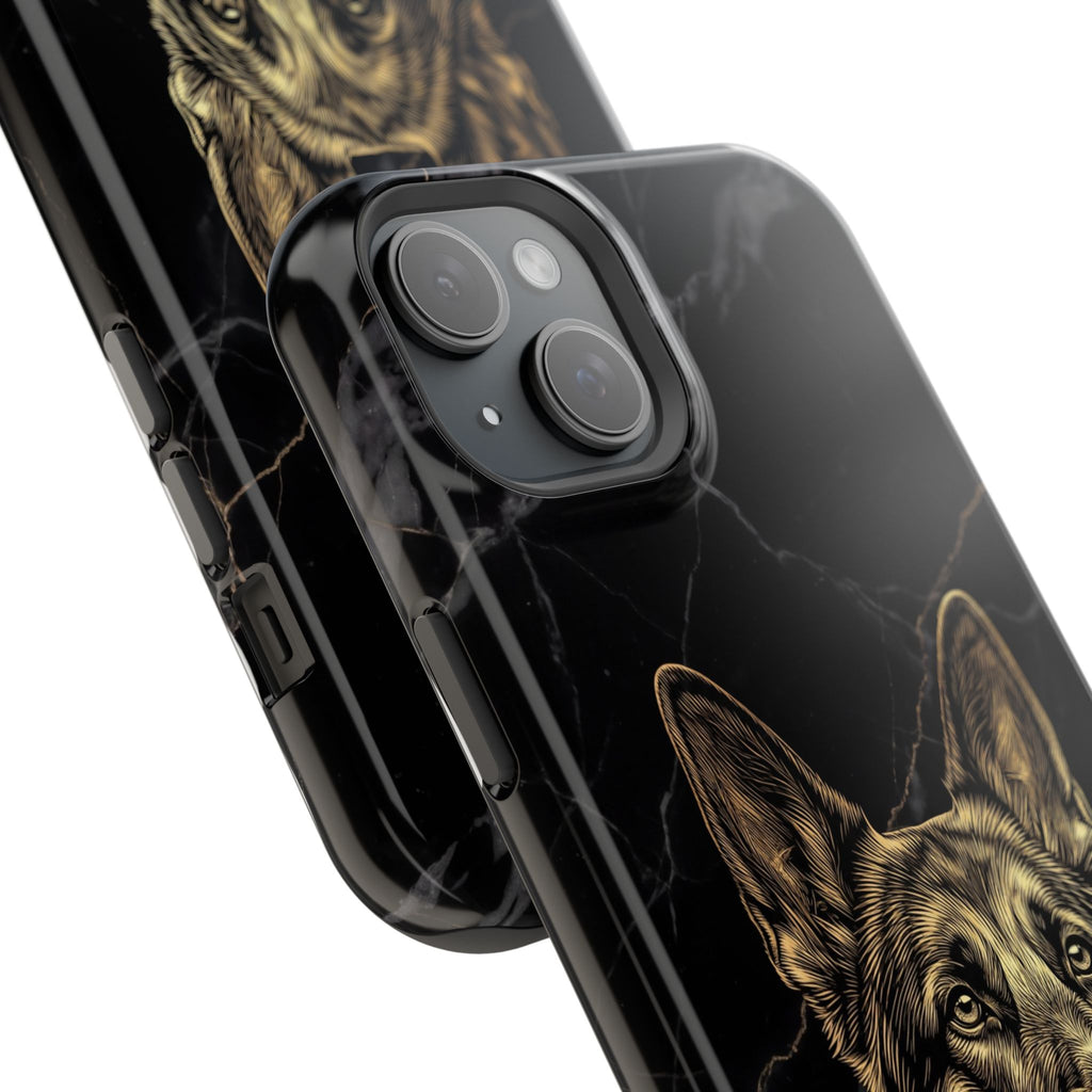 German Shepherd Phone Case | Black Marble Gold Sketch Art — Tough Magnetic Case with Wireless Charging