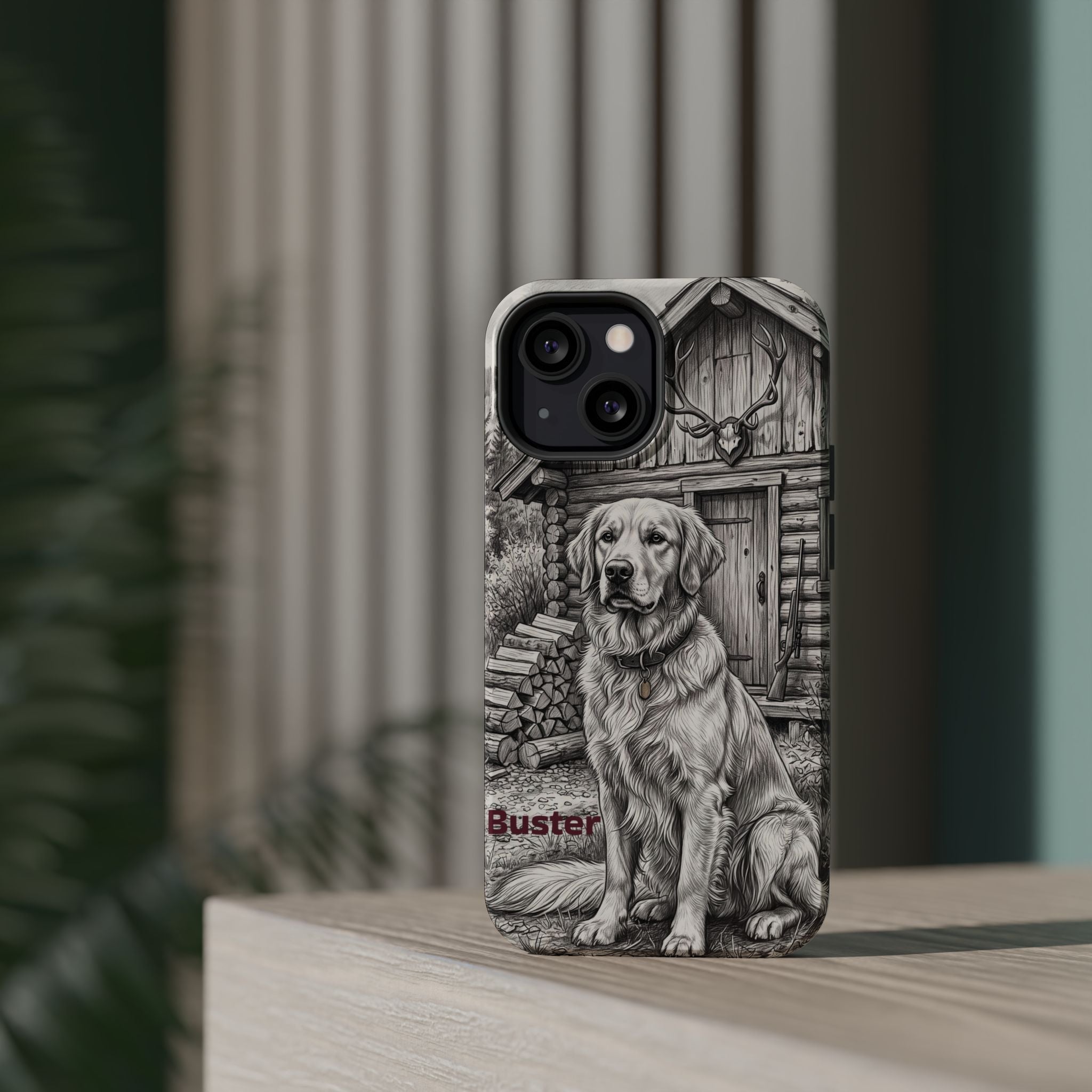 Personalized Golden Retriever Cabin Porch Phone Case — Wireless Charging Cover